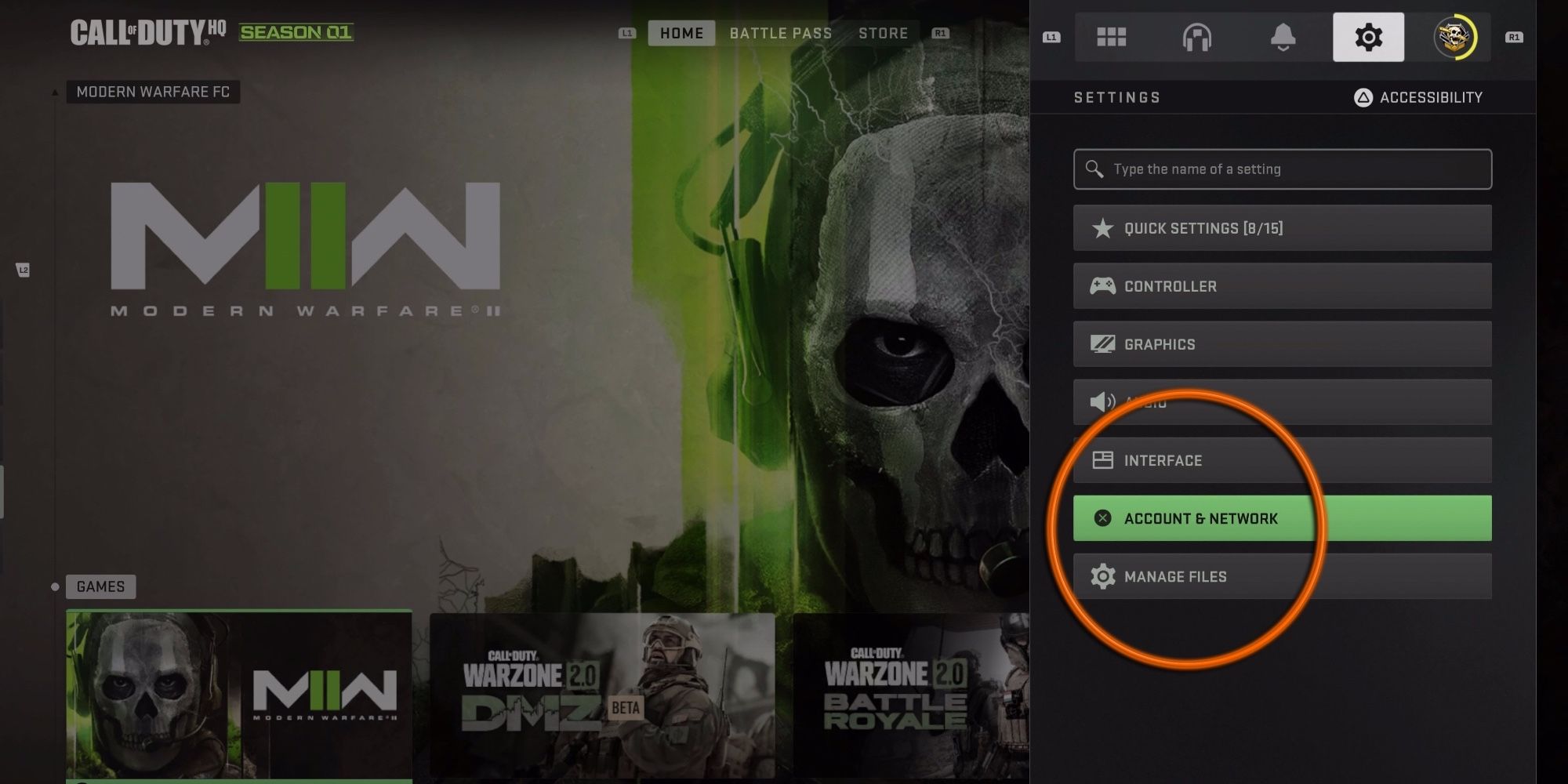 Modern warfare 2 account and network option circled