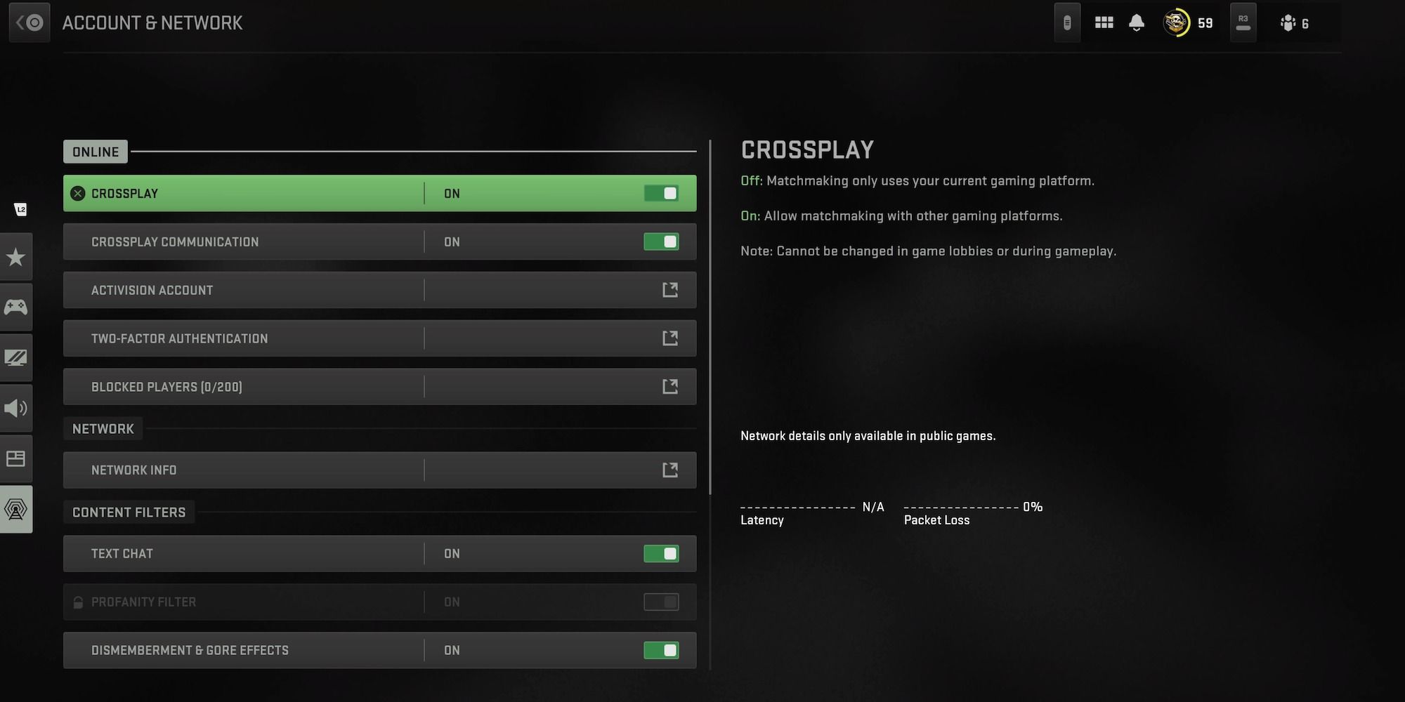 Modern Warfare 2 crossplay option turning on and off