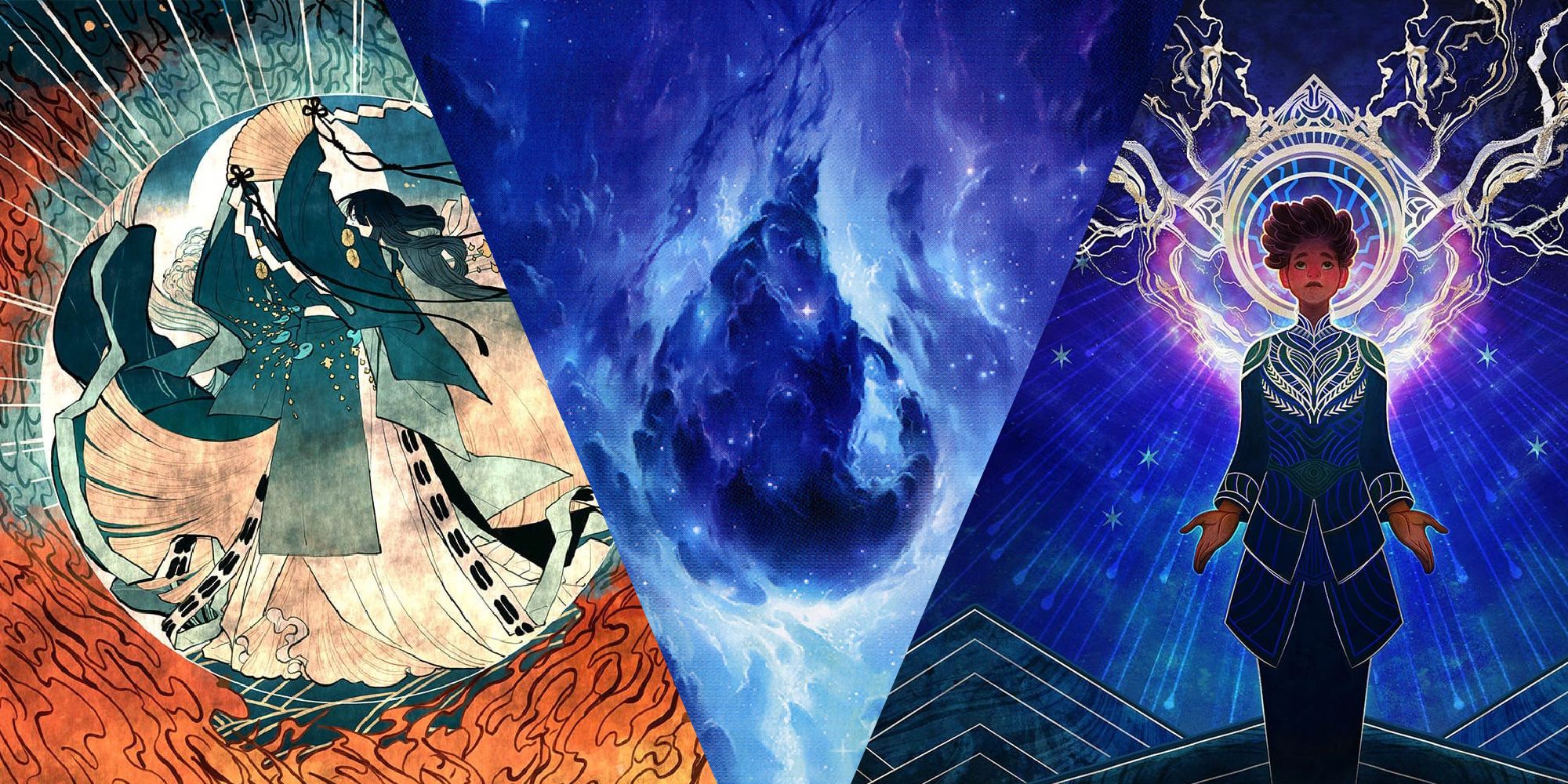 Art from three iconic blue Magic: The Gathering cards - Counterspell, Island, and Brainstorm