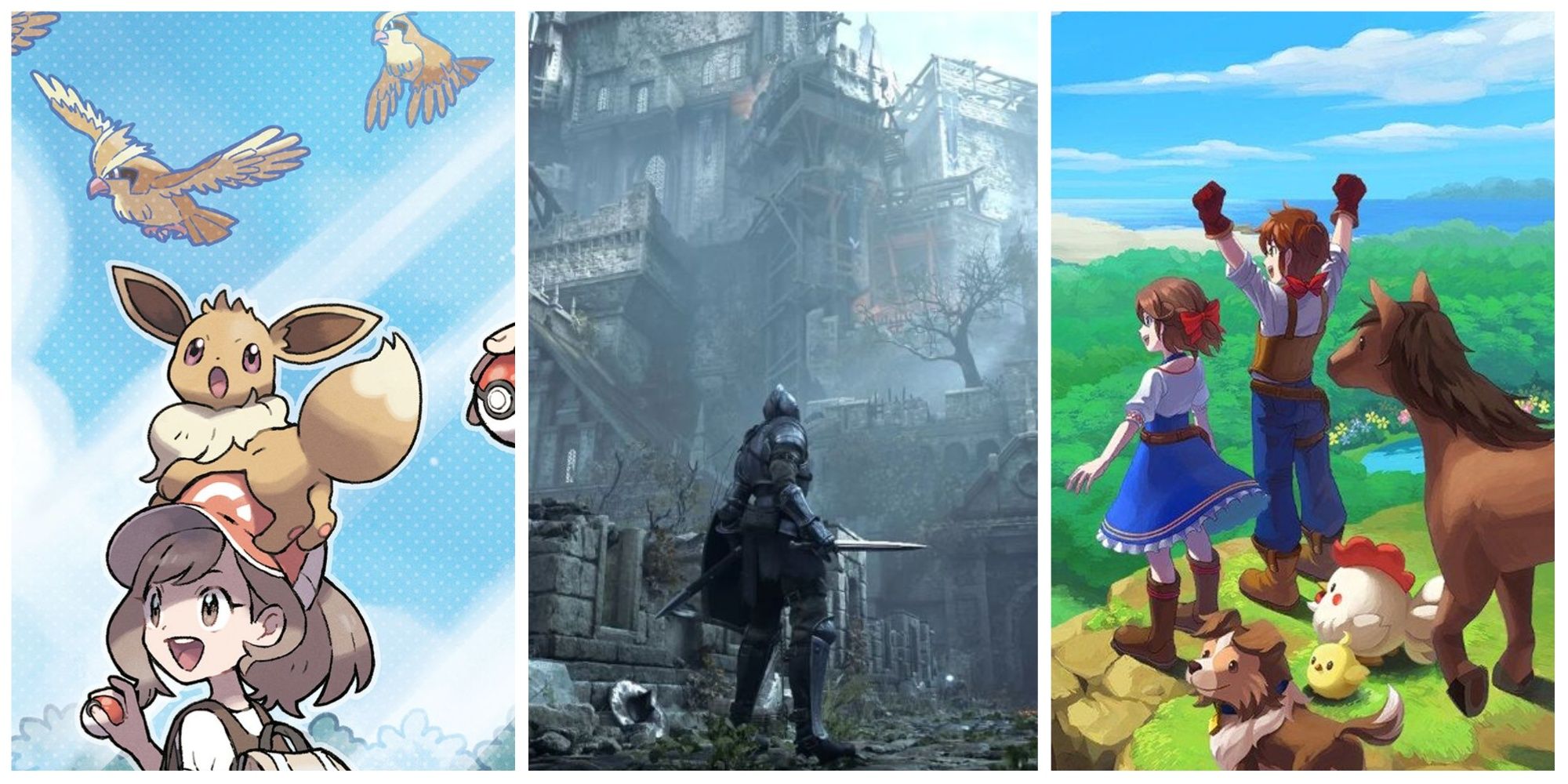 Collage of artwork from Pokemon Let's Go (left), Demon's Souls (center), and Harvest Moon (right)