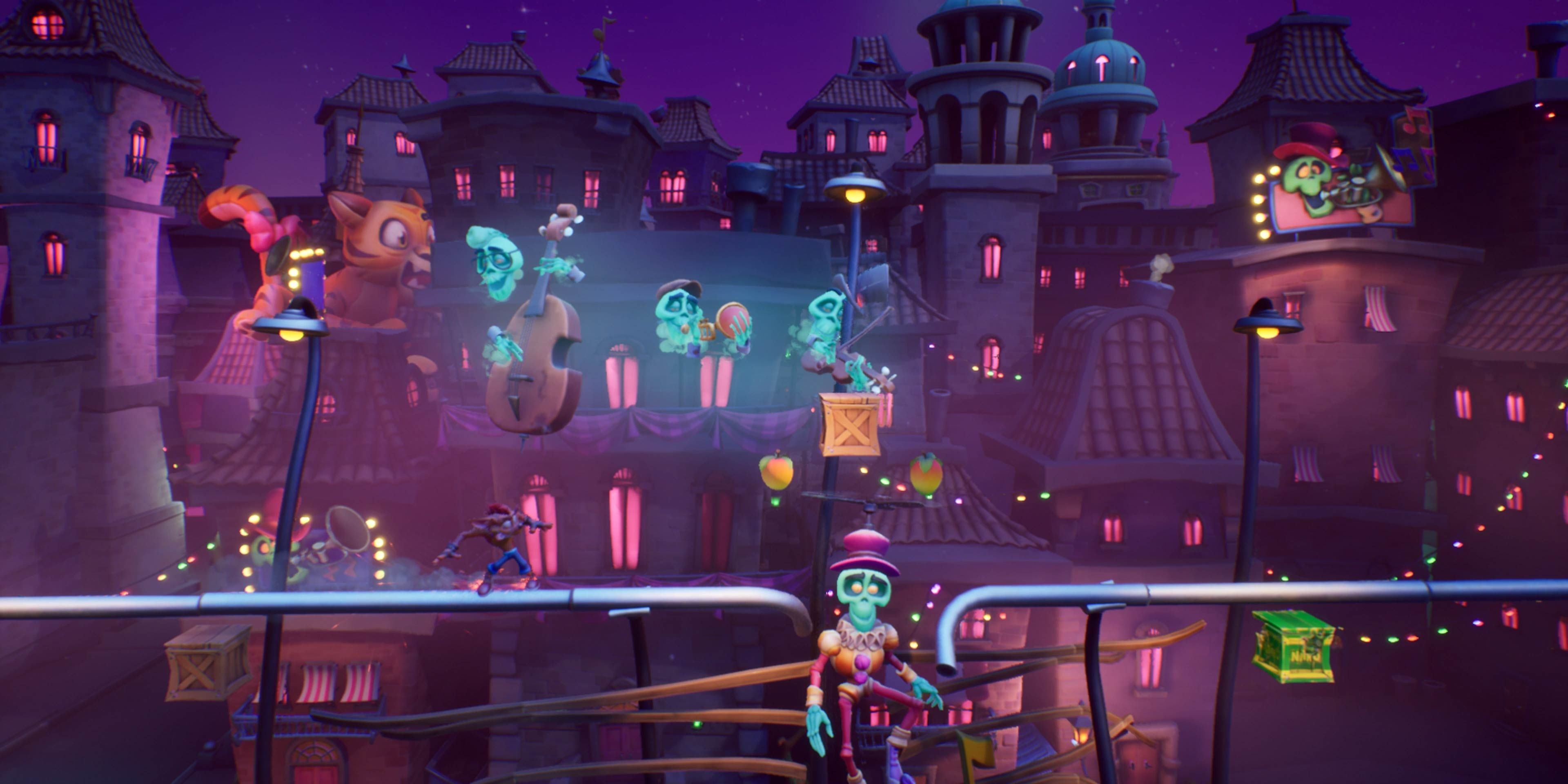 Crash grinding through a city in Crash Bandicoot 4: It's About Time