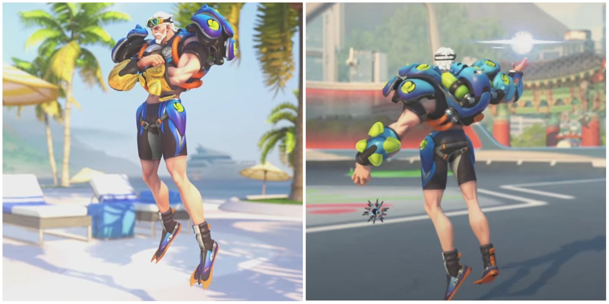 Overwatch Sigma Scuba skin split shot of front and back in tropical and eastern setting