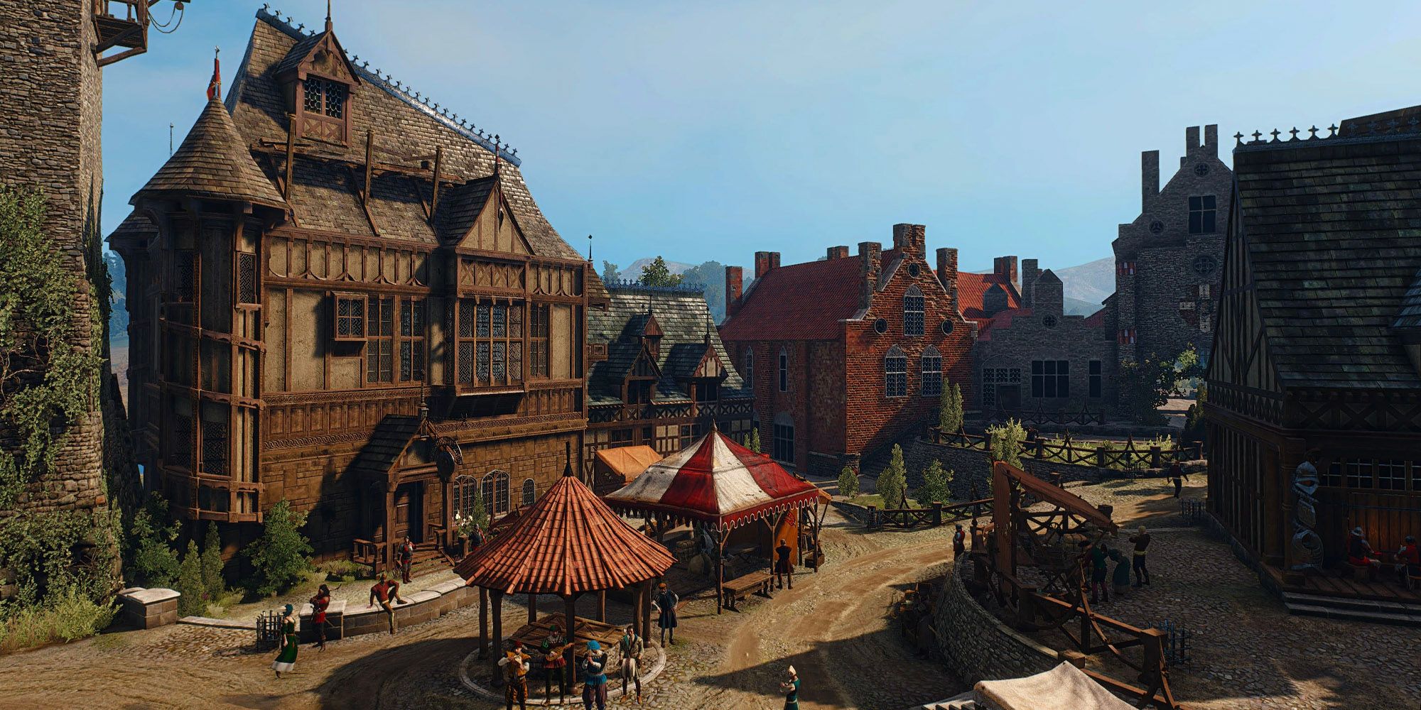 People walking around the market in Oxenfurt in the Witcher 3.