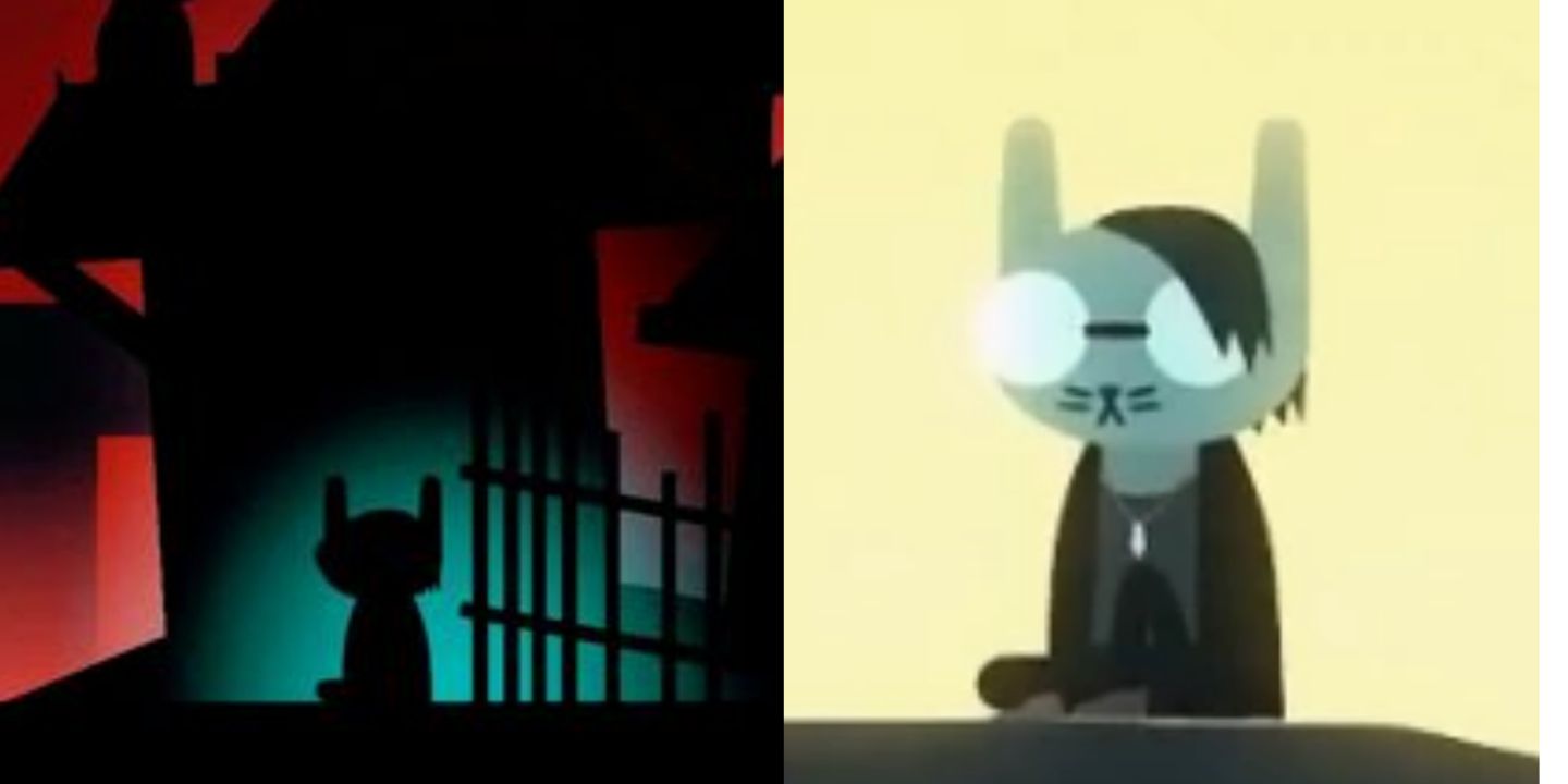 Split image screenshots of Pam in shadow and Pam sat on the cliff in Night in the Woods.