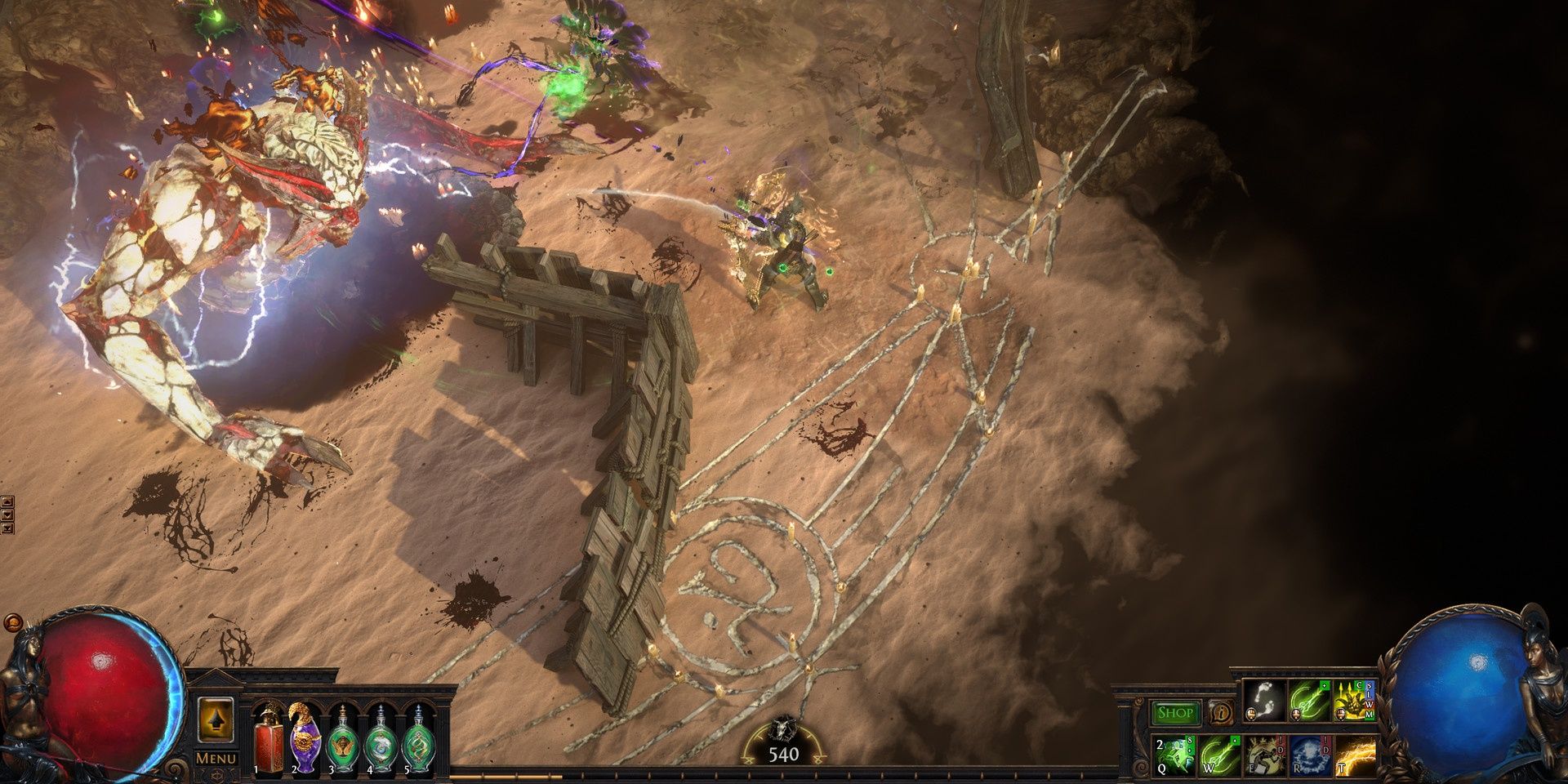 Fighting a giant enemy on the sand in Path of Exile