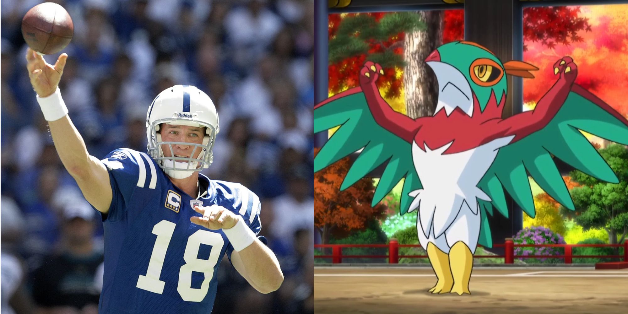 Peyton Manning Playing for Colts and Hawlucha from Pokemon Anime