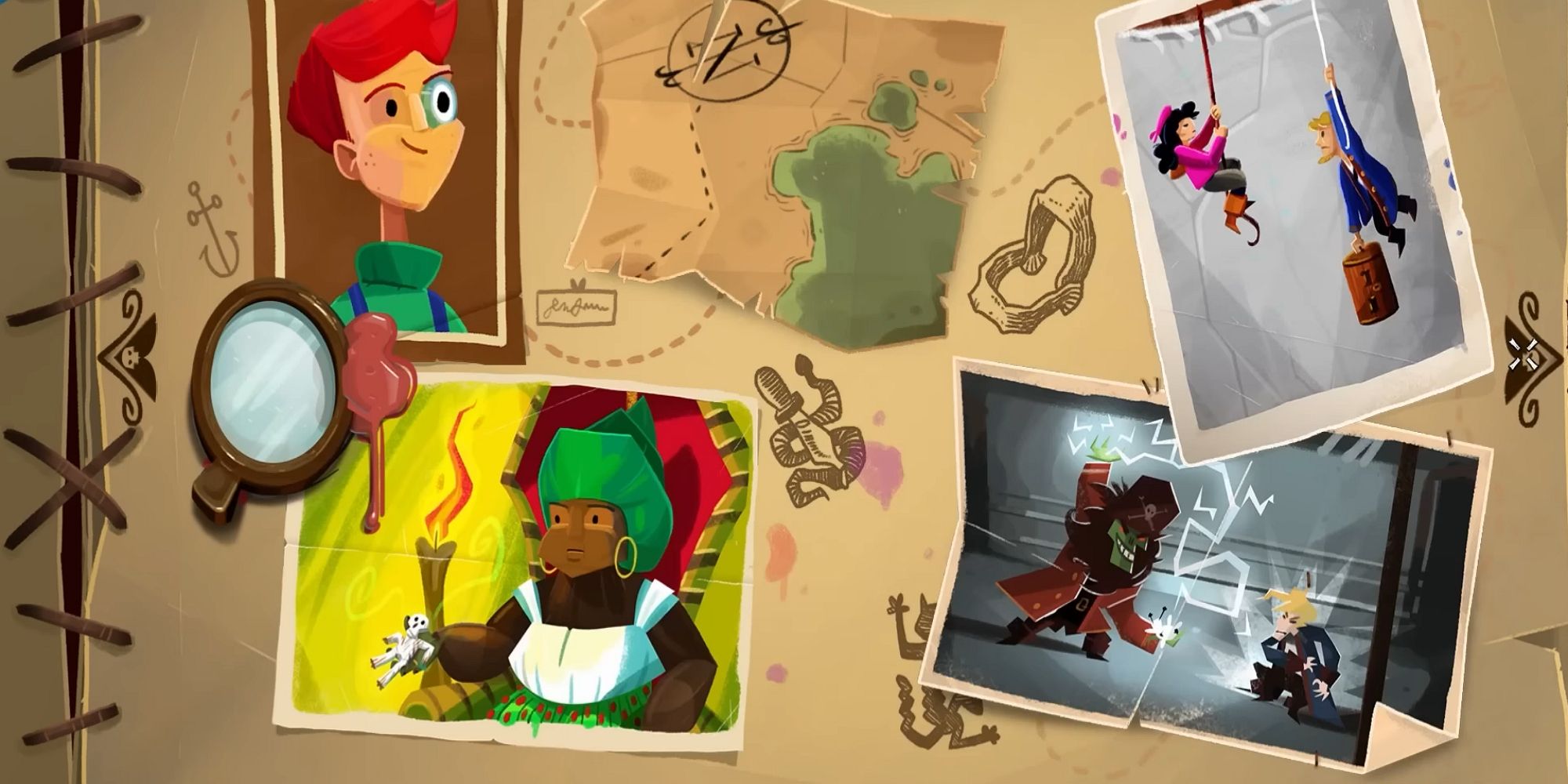 Scrapbook in Return to Monkey Island featuring Elaine, Guybrush, LeChuck, and Voodoo Lady