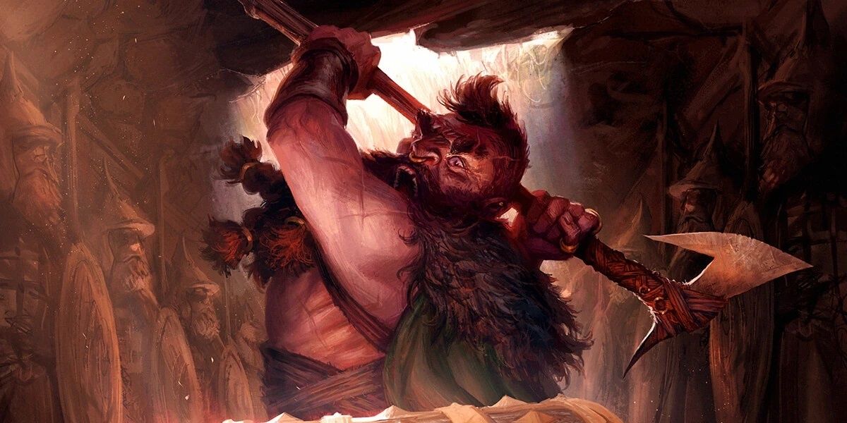a dwarf barbarian swings an axe at a chest