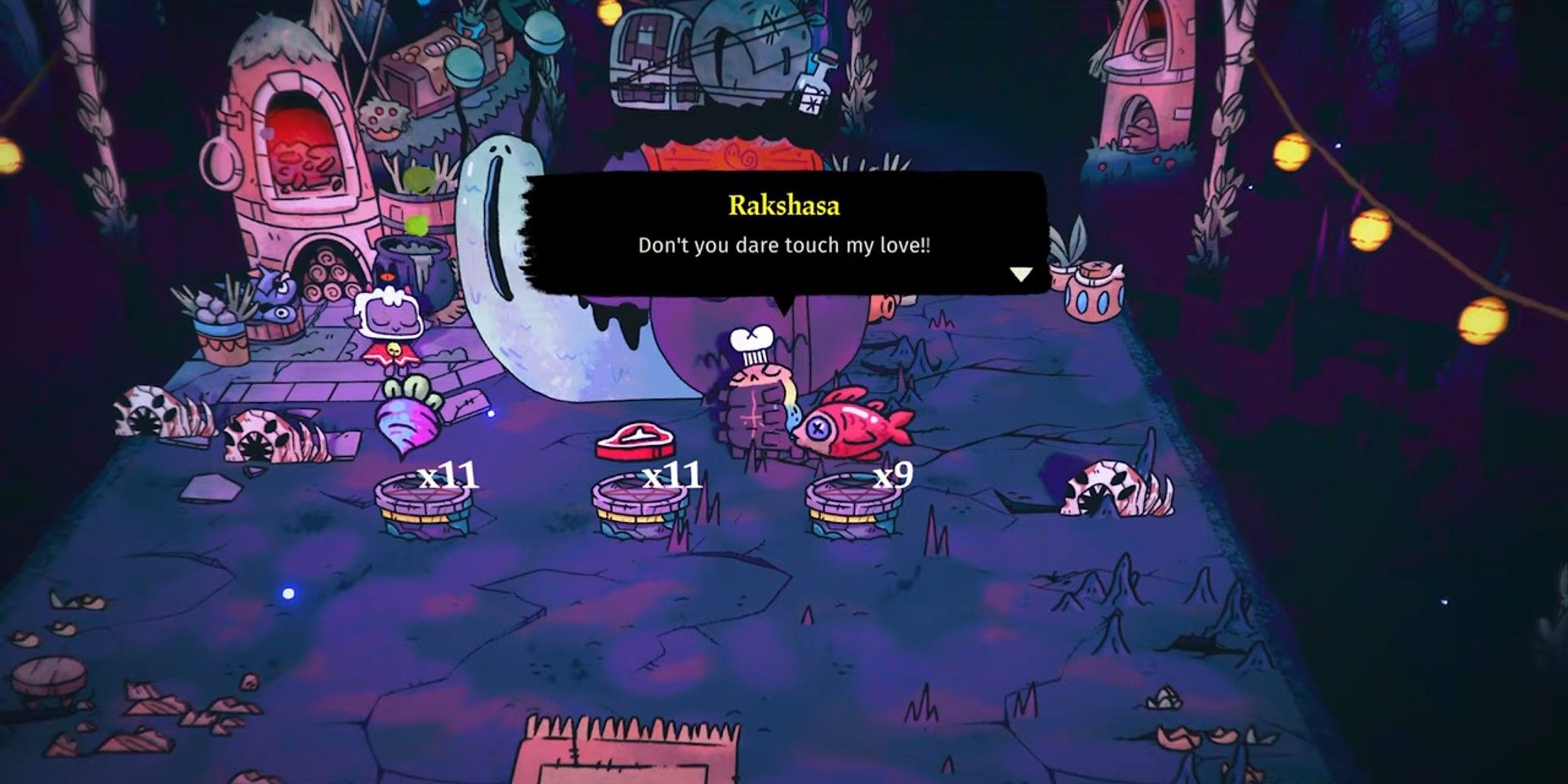 Rakshasa in his cafe where you can fight him in Cult of the Lamb