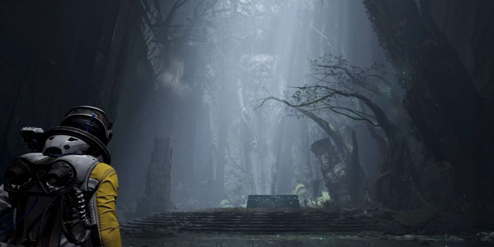 Selene looking at dead trees and mysterious structures
