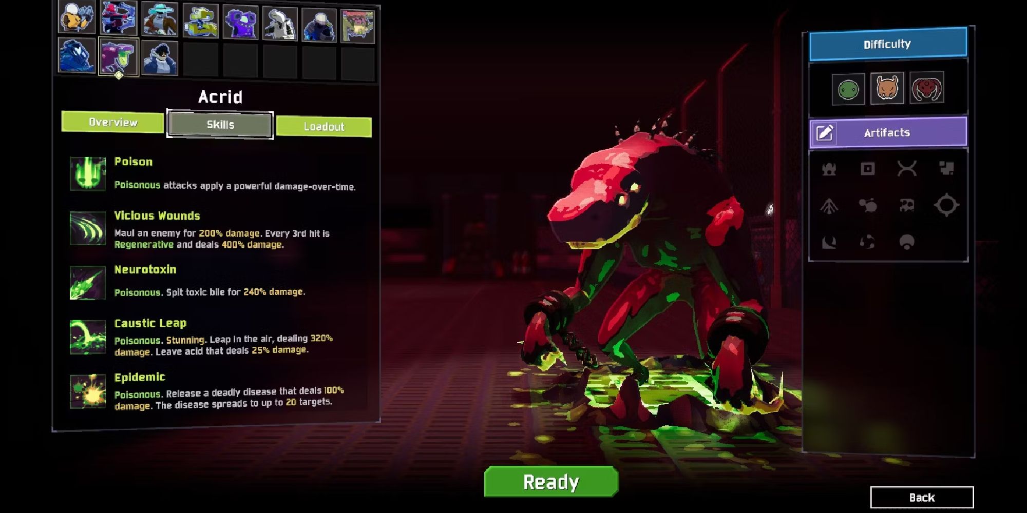 Character Selection Screen for the Risk of Rain 2 survivor Acrid