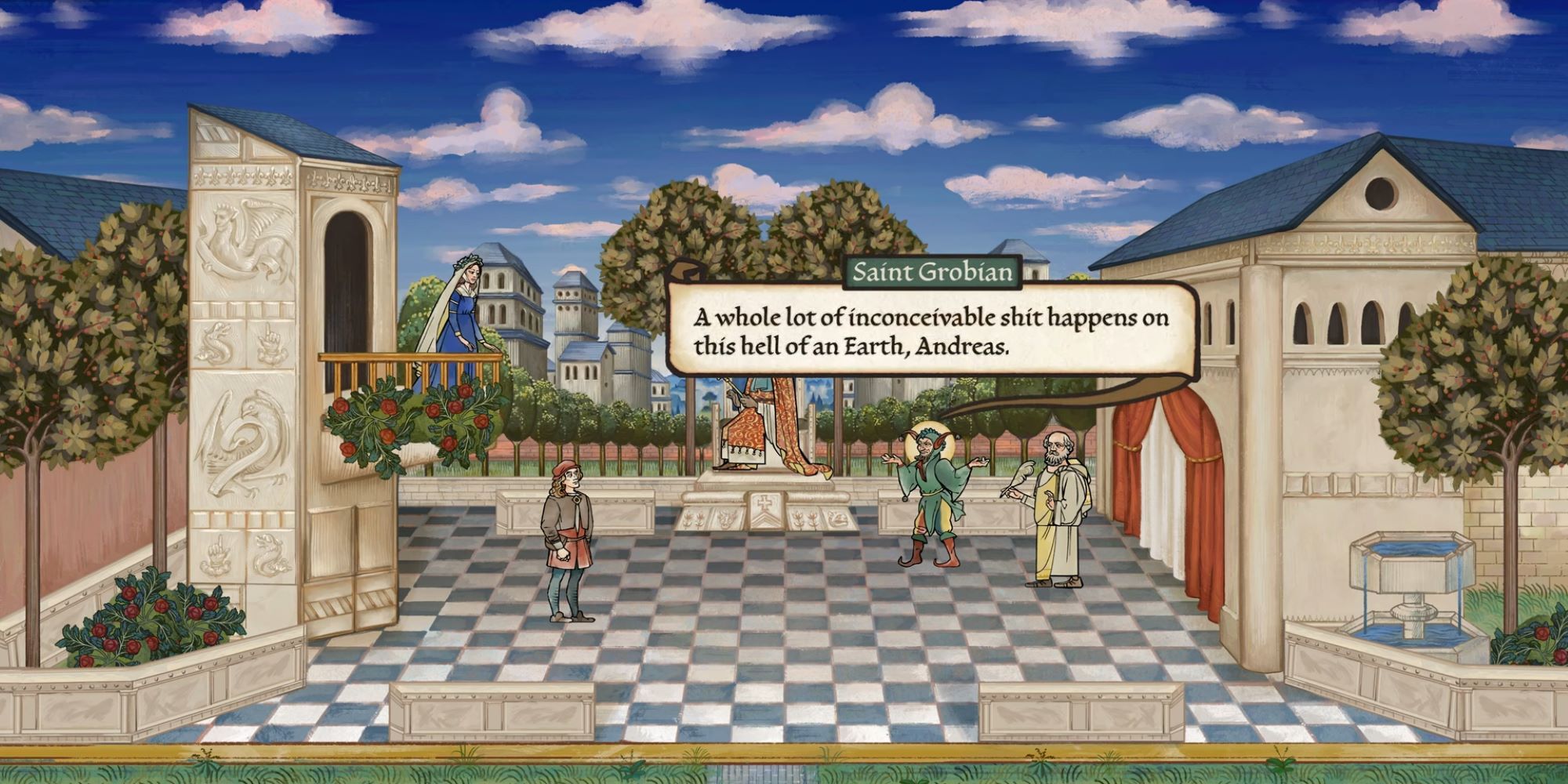 Saint Grobian talking about hell on earth in Pentiment