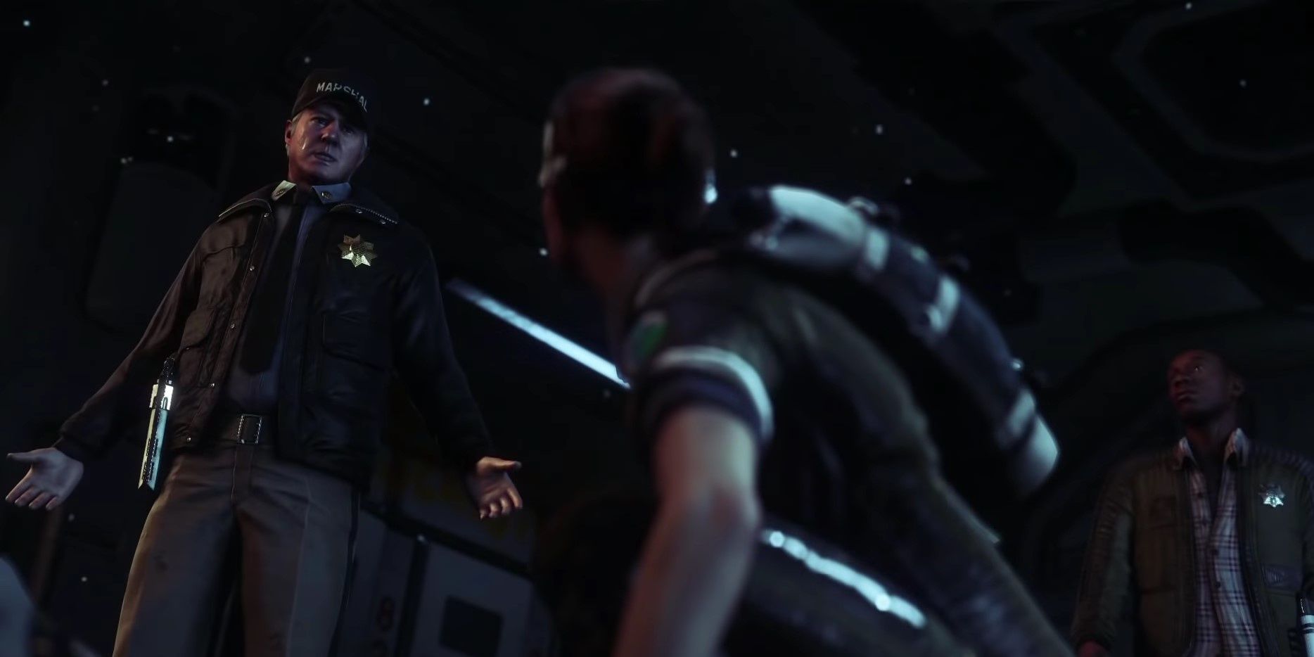 Amanda asking the Marshal where the rest of the security is to handle the situation and he responds to her.