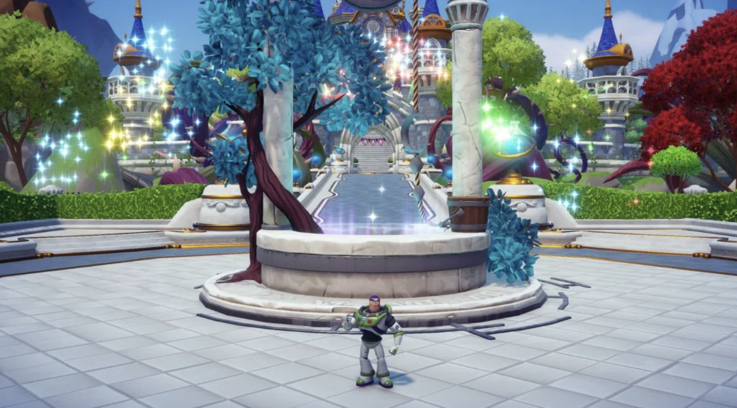 Buzz standing by wishing well in Dreamlight Valley