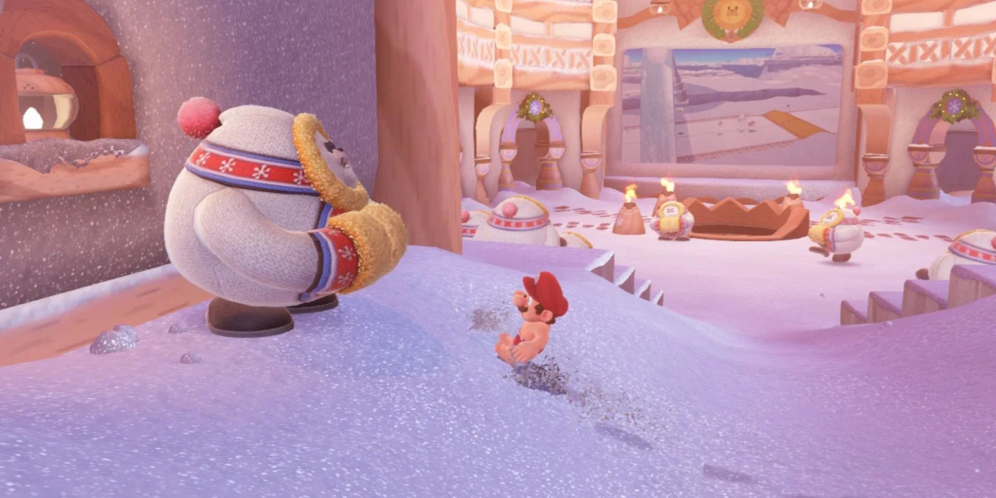 Mario and a Shiverian hanging around Shiveria in Super Mario Odyssey
