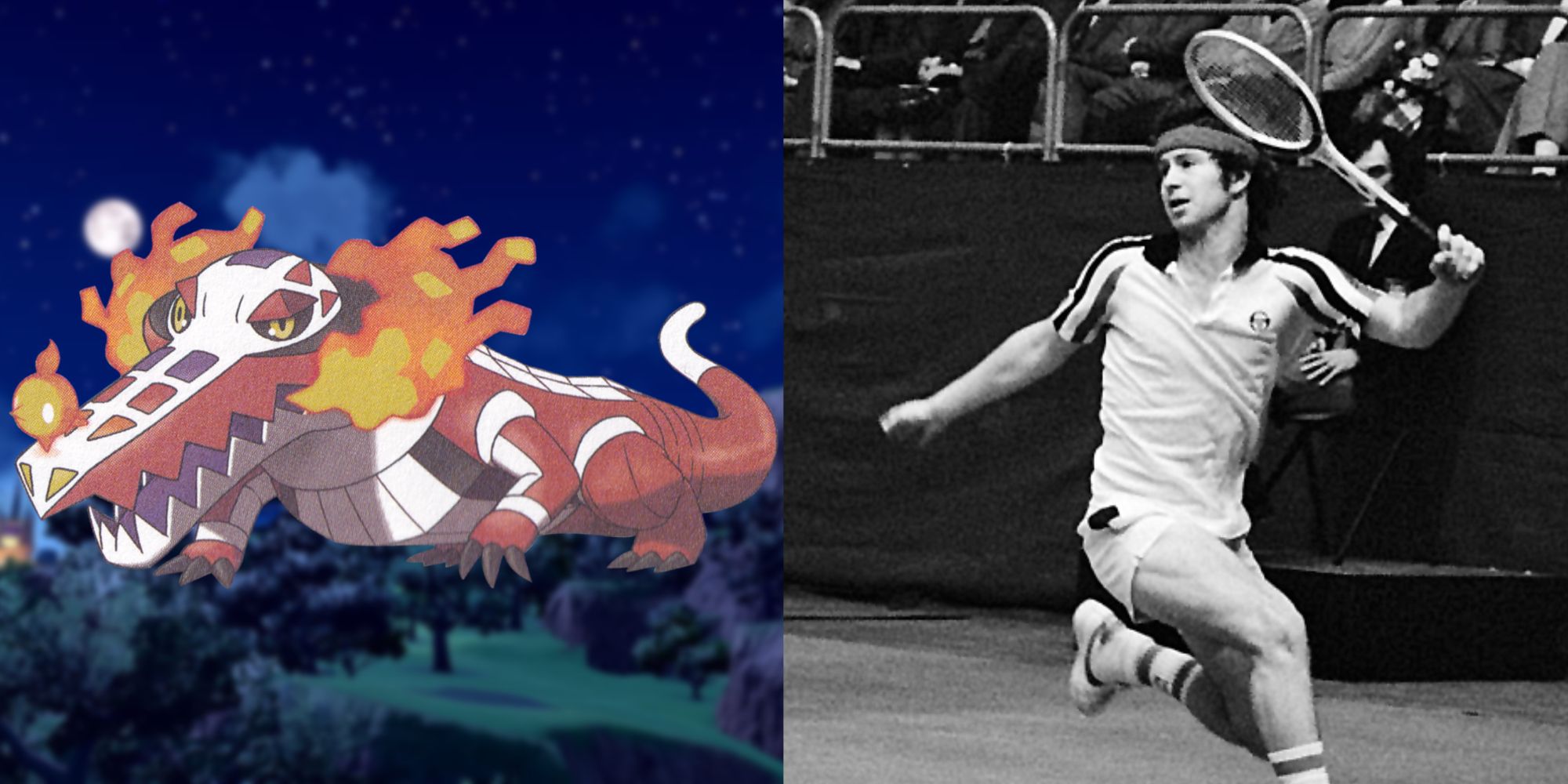 Skeledirge over Paldea background; John McEnroe backhand