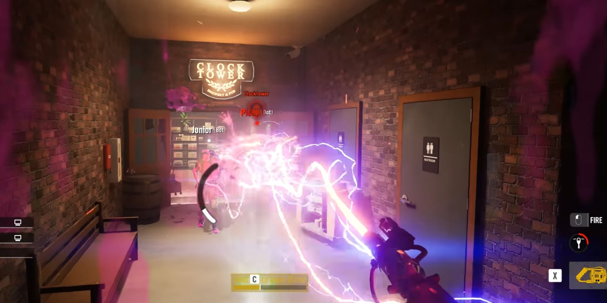 Buster using the Particle Thrower to catch a ghost. The player has also been slimed so a pink slime overlay is on the left and right of the screen.