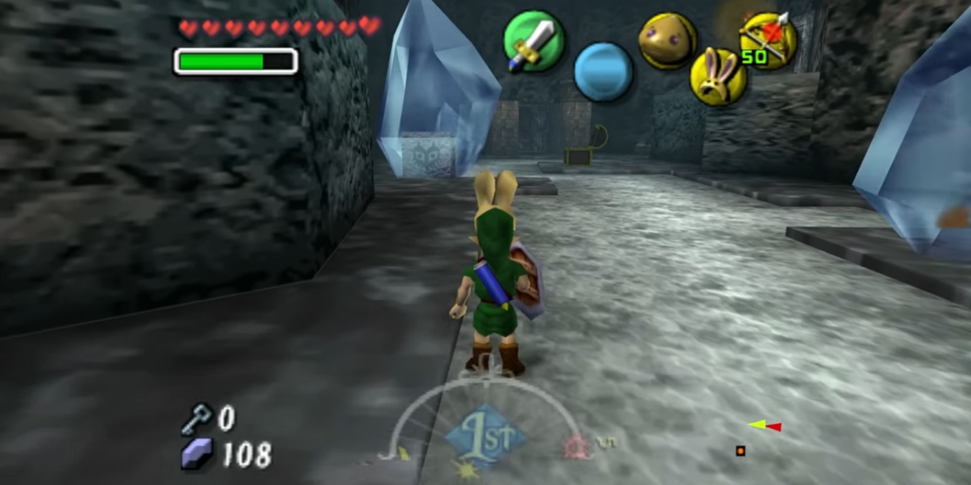 Link stands in Snowhead Temple while wearing the Bunny Hood