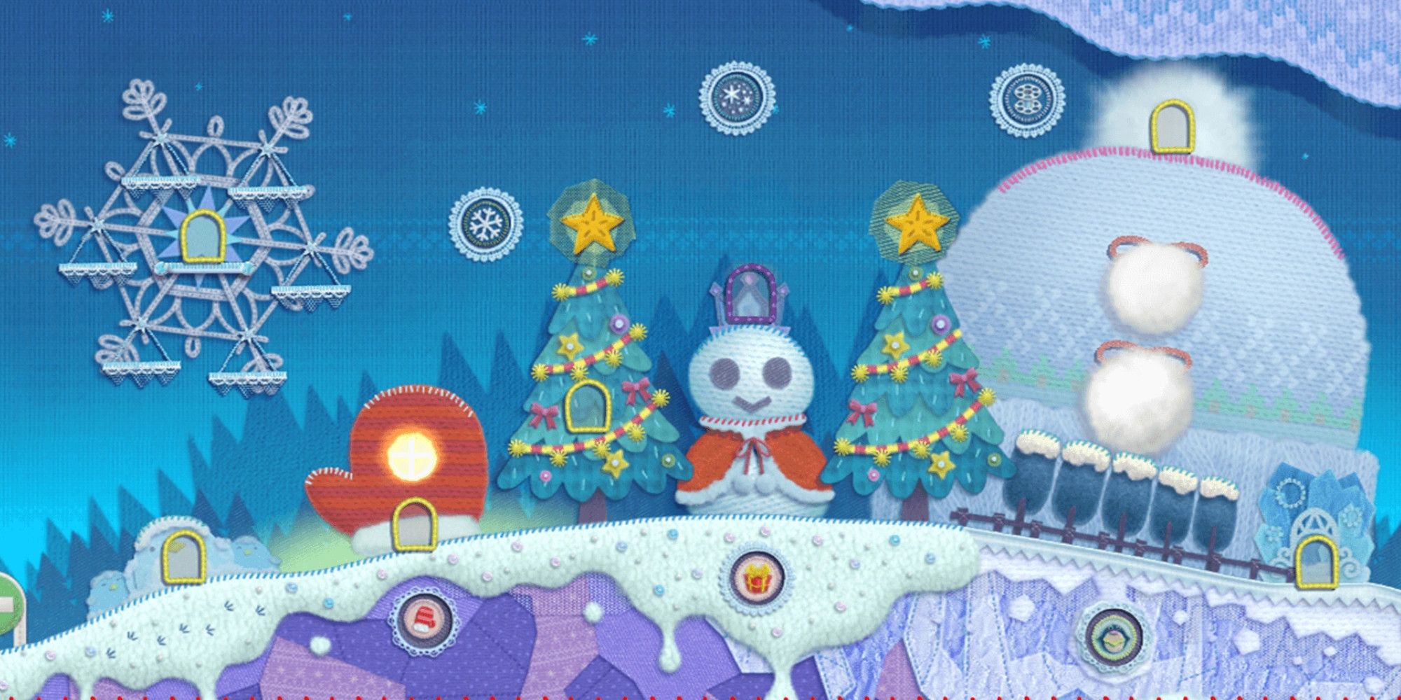 An overview of Snow Land from Kirby's Epic Yarn