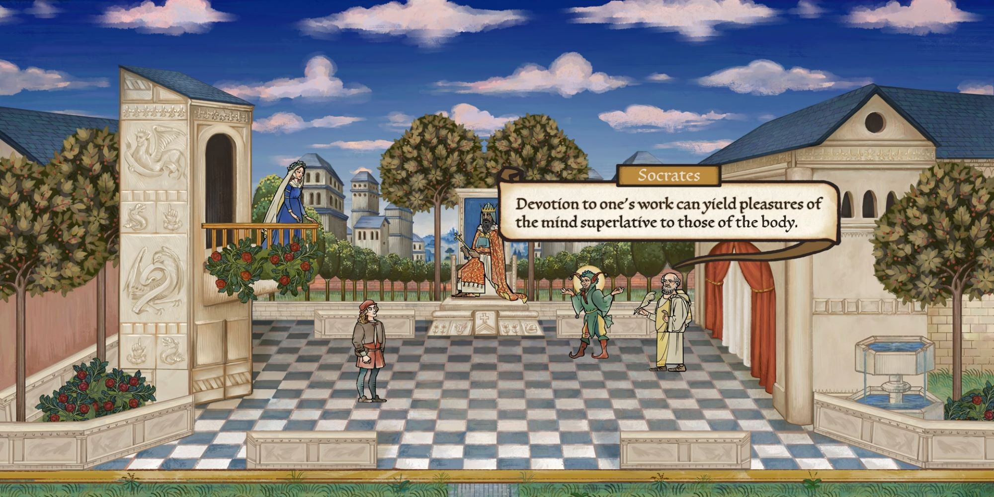 Socrates talking about work in Pentiment