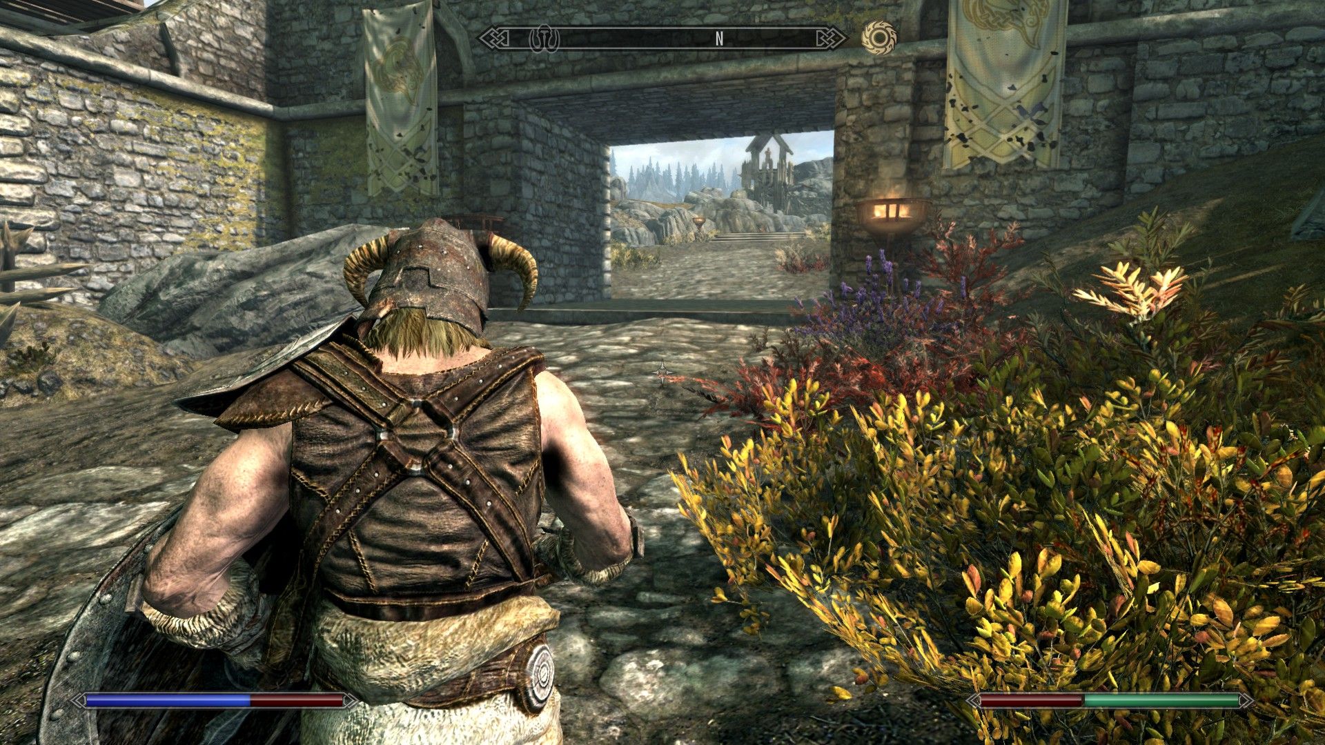 A screenshot of an adventurer walking to a city with much of the Magicka and Stamina bars darkened by exhaustion