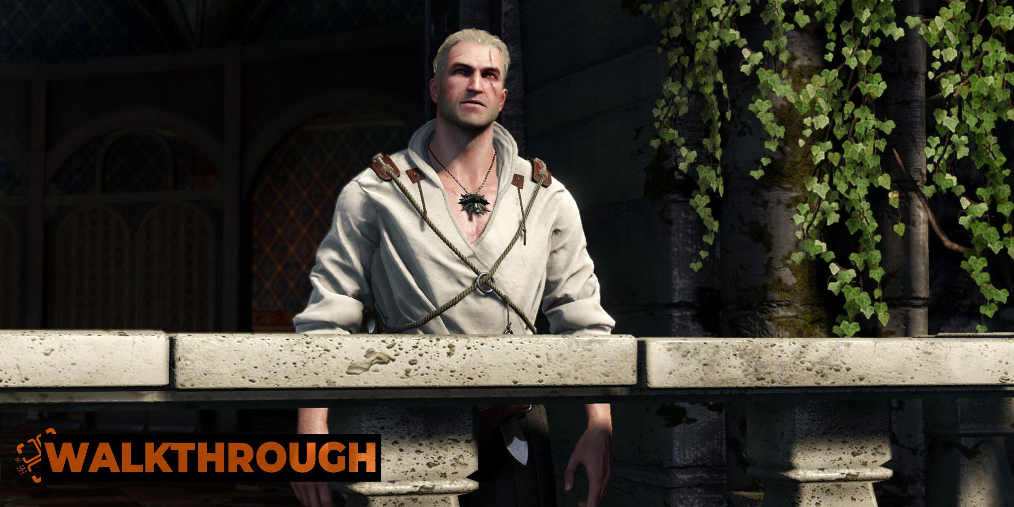 Geralt of Rivia looks out over a balcony on a sunny morning.