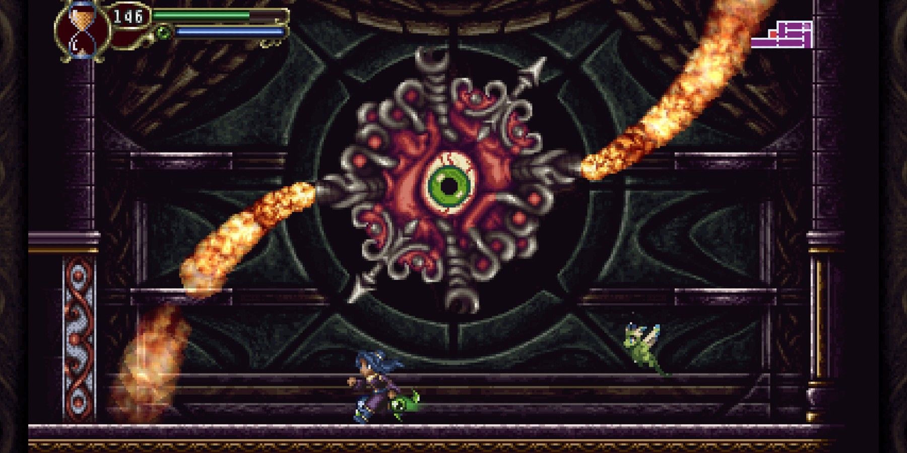 Timespinner wizard hero running with flame shooting spiralling eye monster