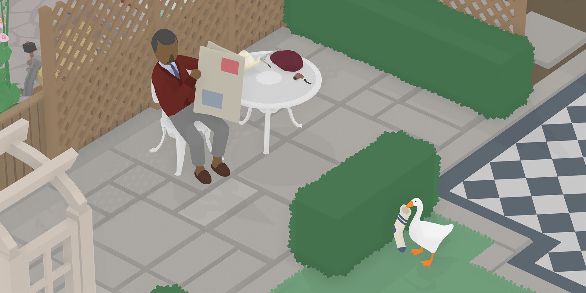 The goose holding a sock while hiding behind a bush in Untitled Goose Game