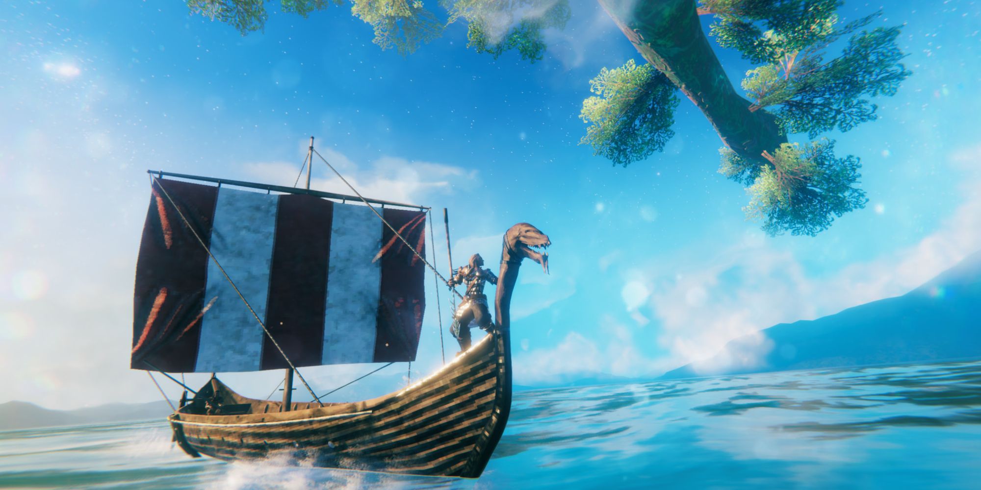 Player in a Viking boat out in the open sea in Valheim