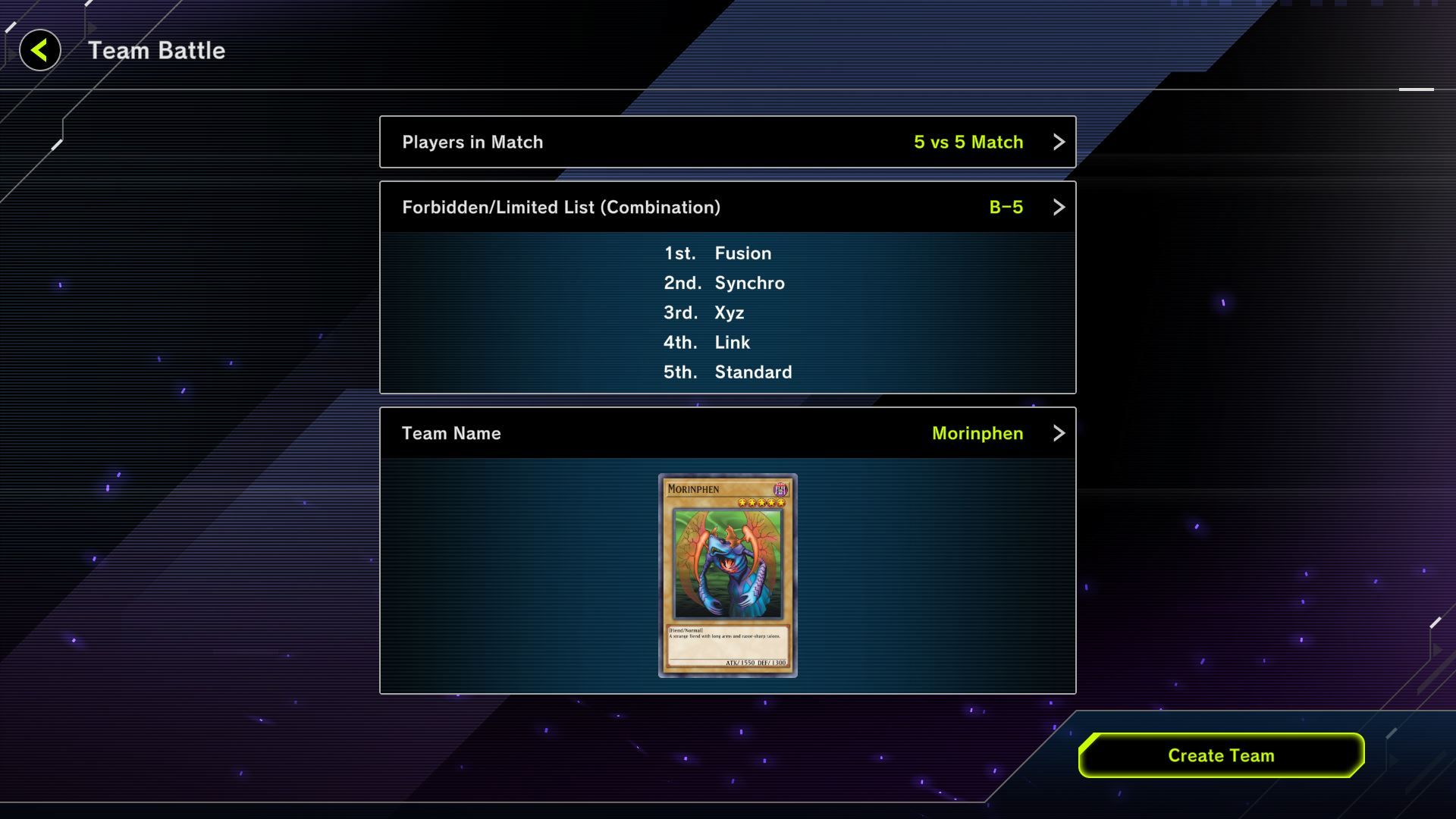 A screenshot of the Create a Team screen in Yu-Gi-Oh! Master Duel.