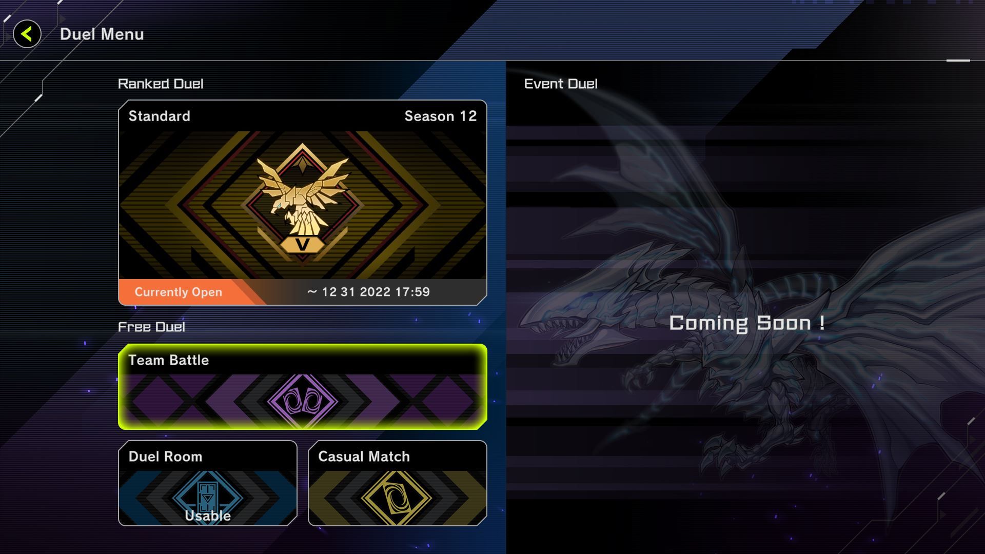 A screenshot indicating how players can find the Team Battle mode in Yu-Gi-Oh! Master Duel.