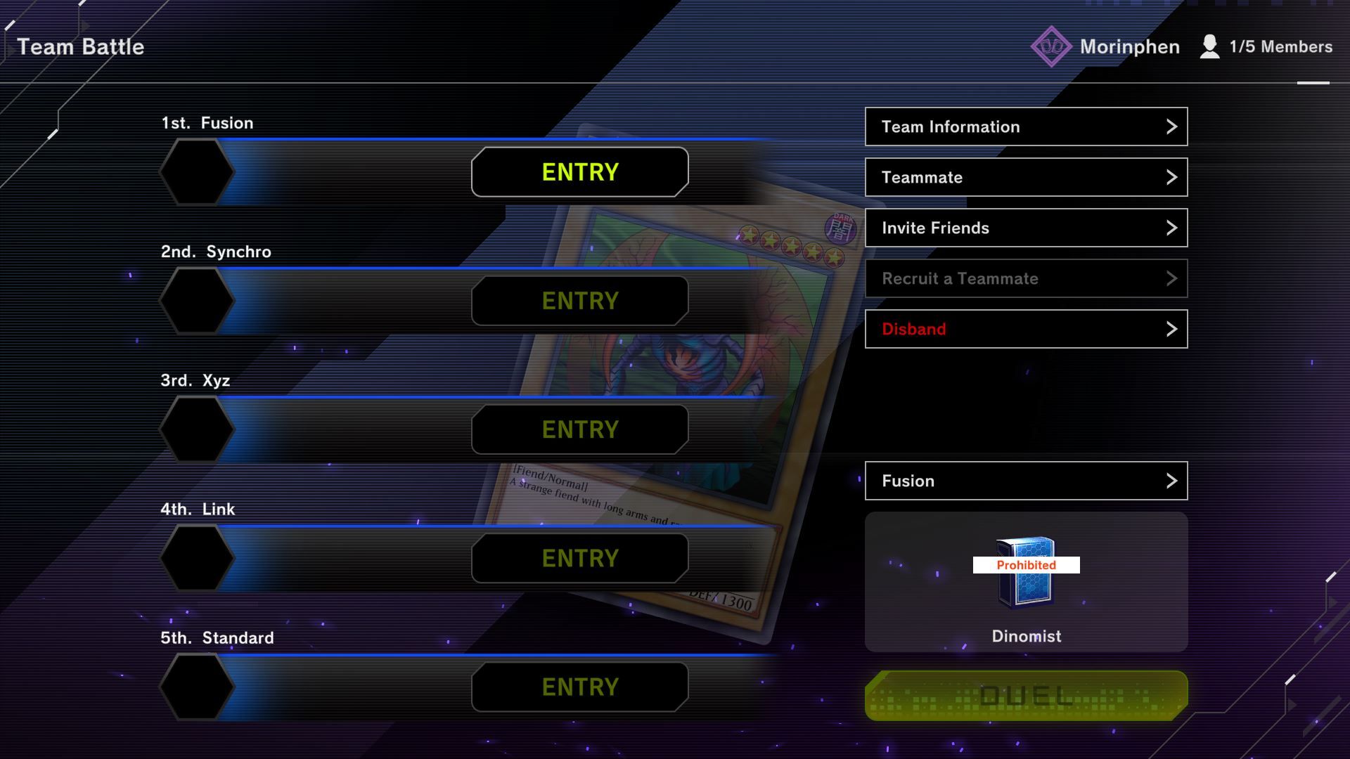 A screenshot of the Team Battle lobby menu in Yu-Gi-Oh! Master Duel.