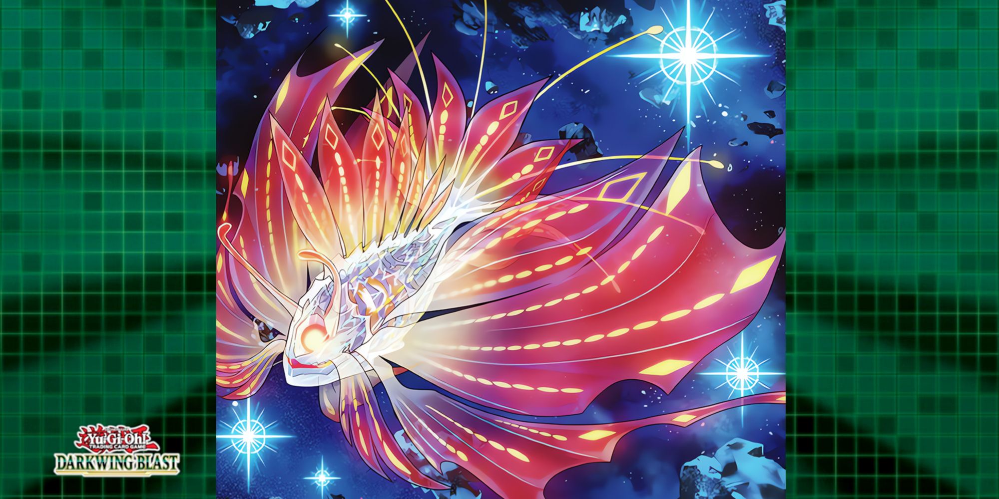 Zep, Ruby of the Ghoti features a bright scarlet and gold fish shimmering in deep, dark blue space.