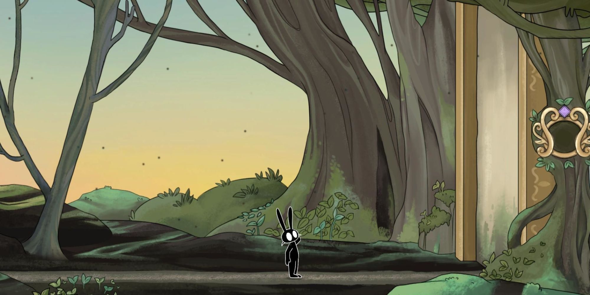 A rabbit0like being traverses a mystical forest
