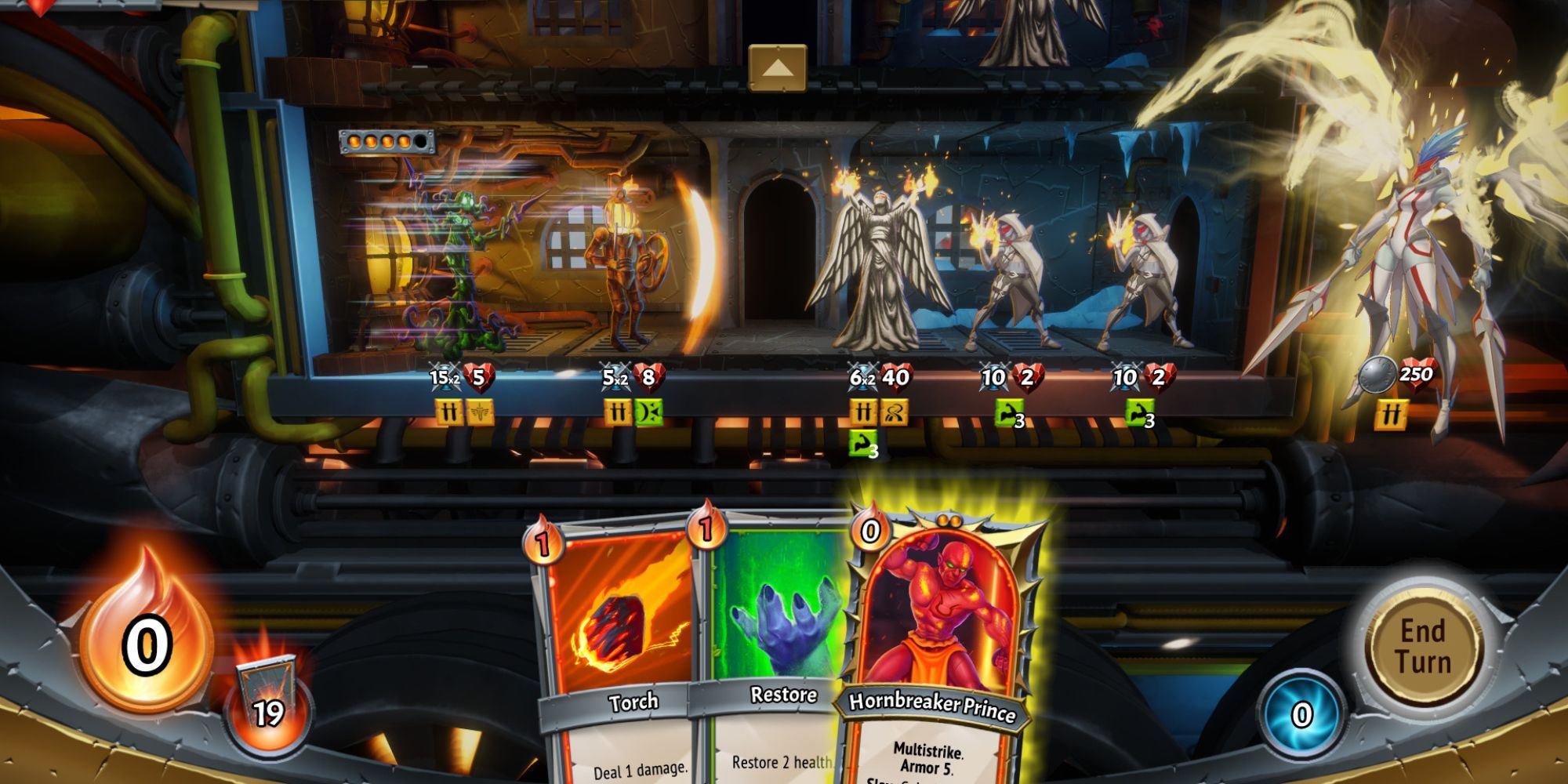 Animus of Will ia idle as Hornbreaker Prince card is chosen to face off boss Fel, the Wings of Light