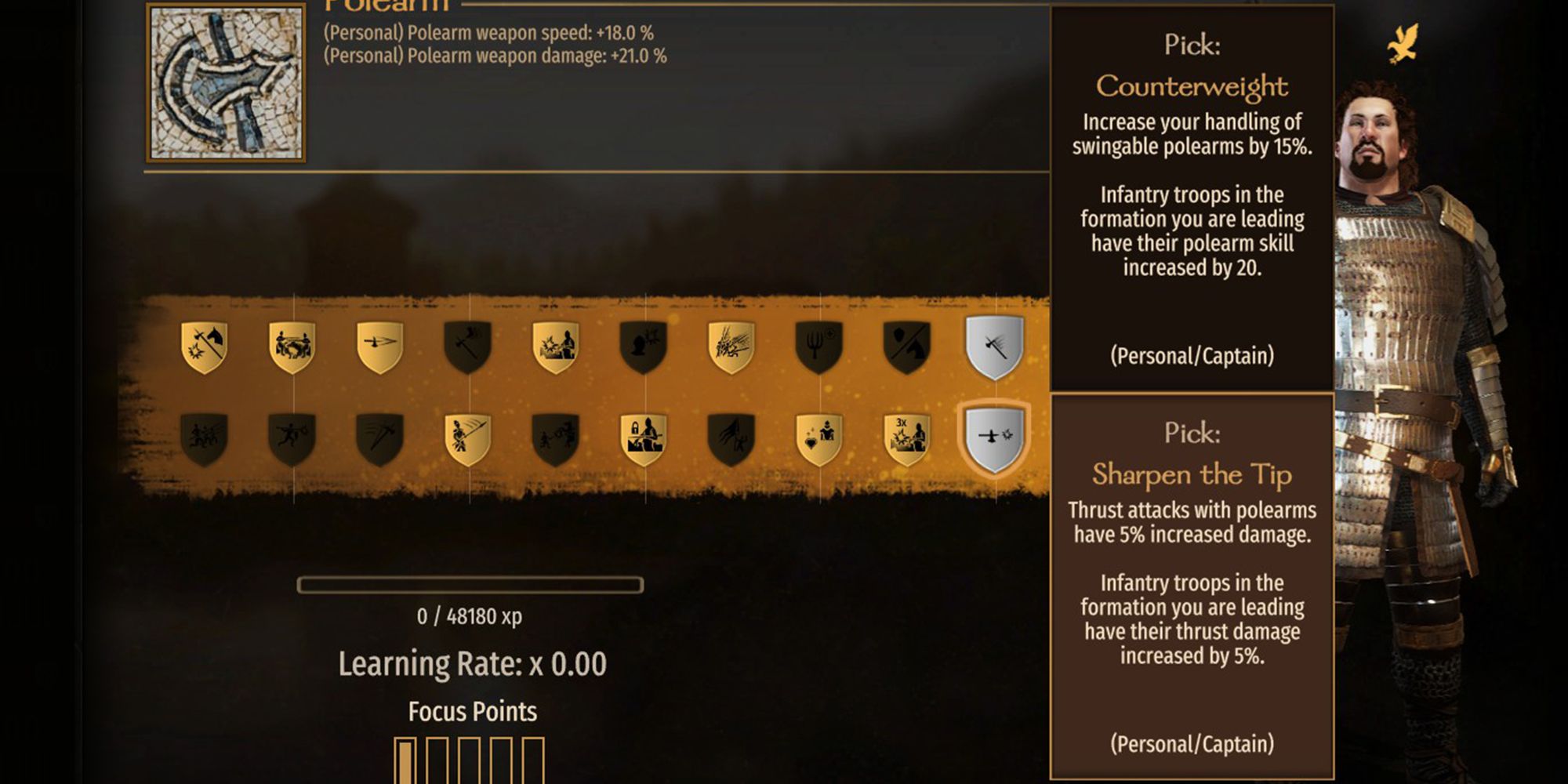 Thrust attacks with polearms have 5% increased damage. Infantry troops in the formation you are leading have their thrust damage increased by 5%.