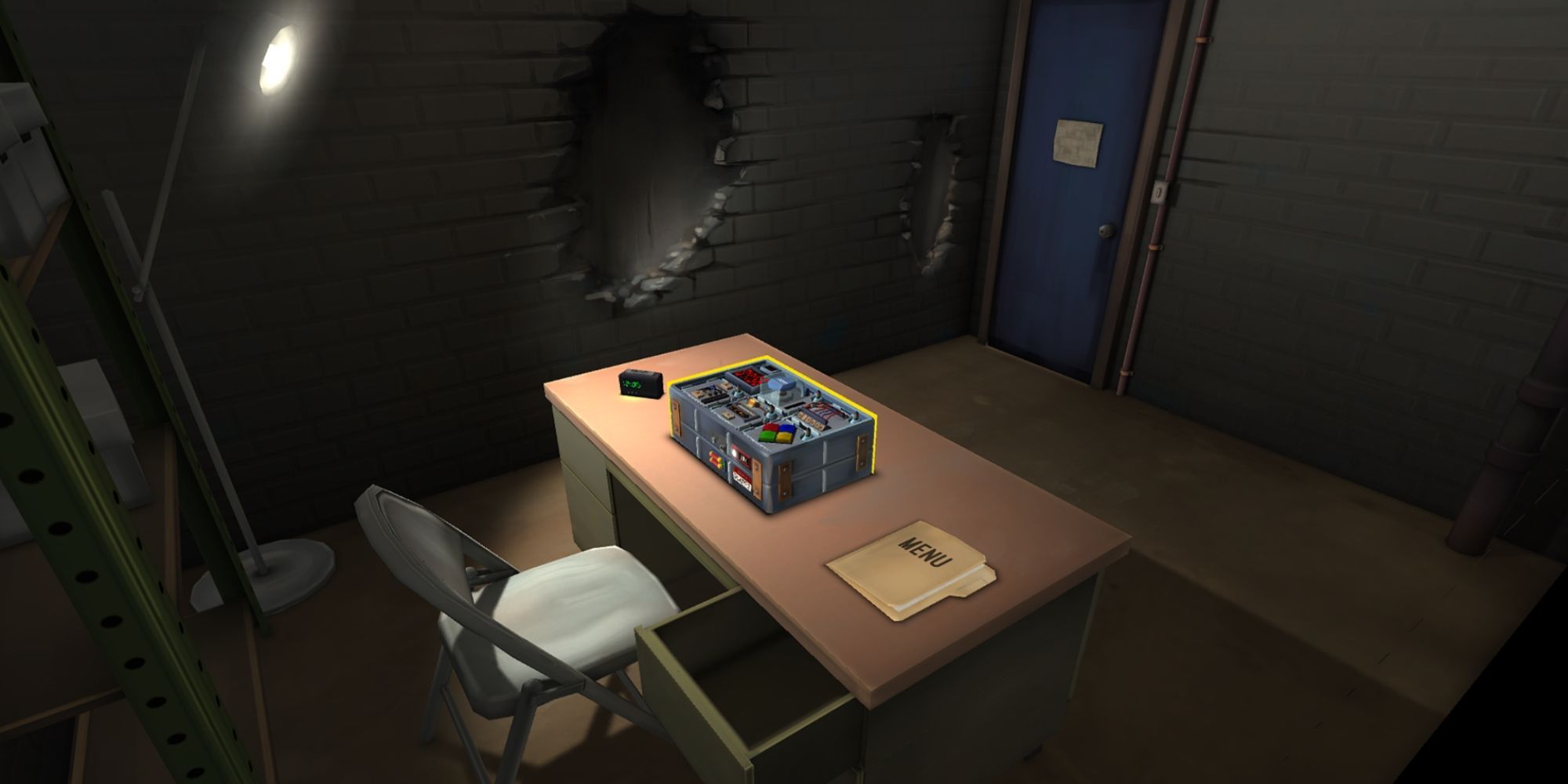a bare room with damaged cement walls contains a single desk and chair with a bomb, clock, and "menu" folder on the tabletop