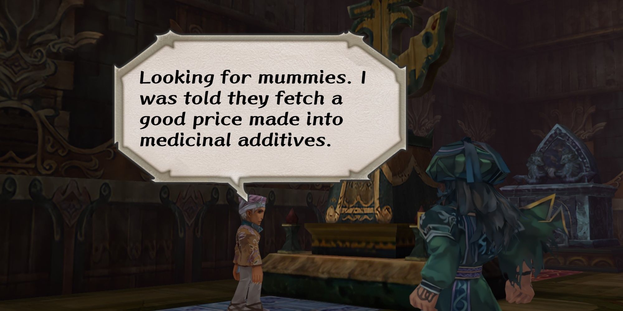 Hawke talking to a grave robbing merchant in the catacombs