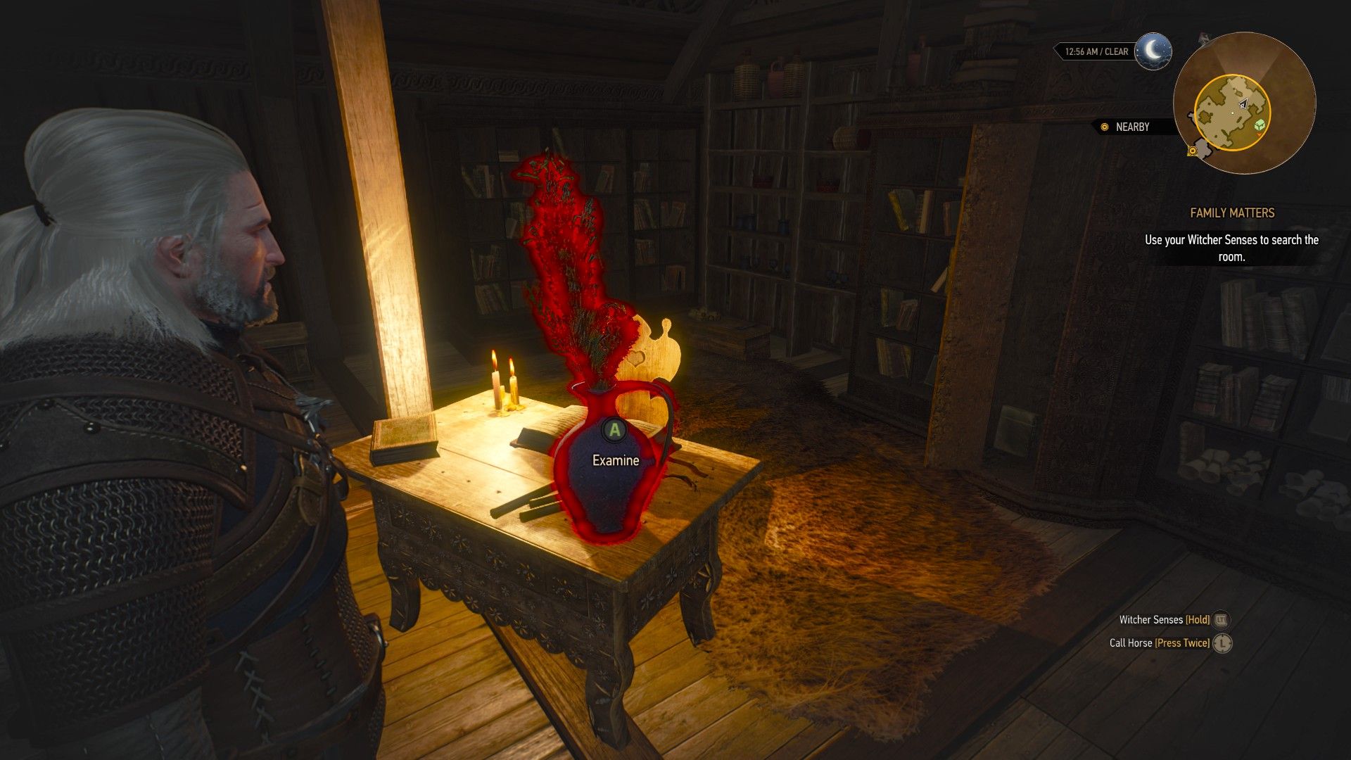 A screenshot of the game, with a vase full of flowers highlighted in red with an interact prompt showing.