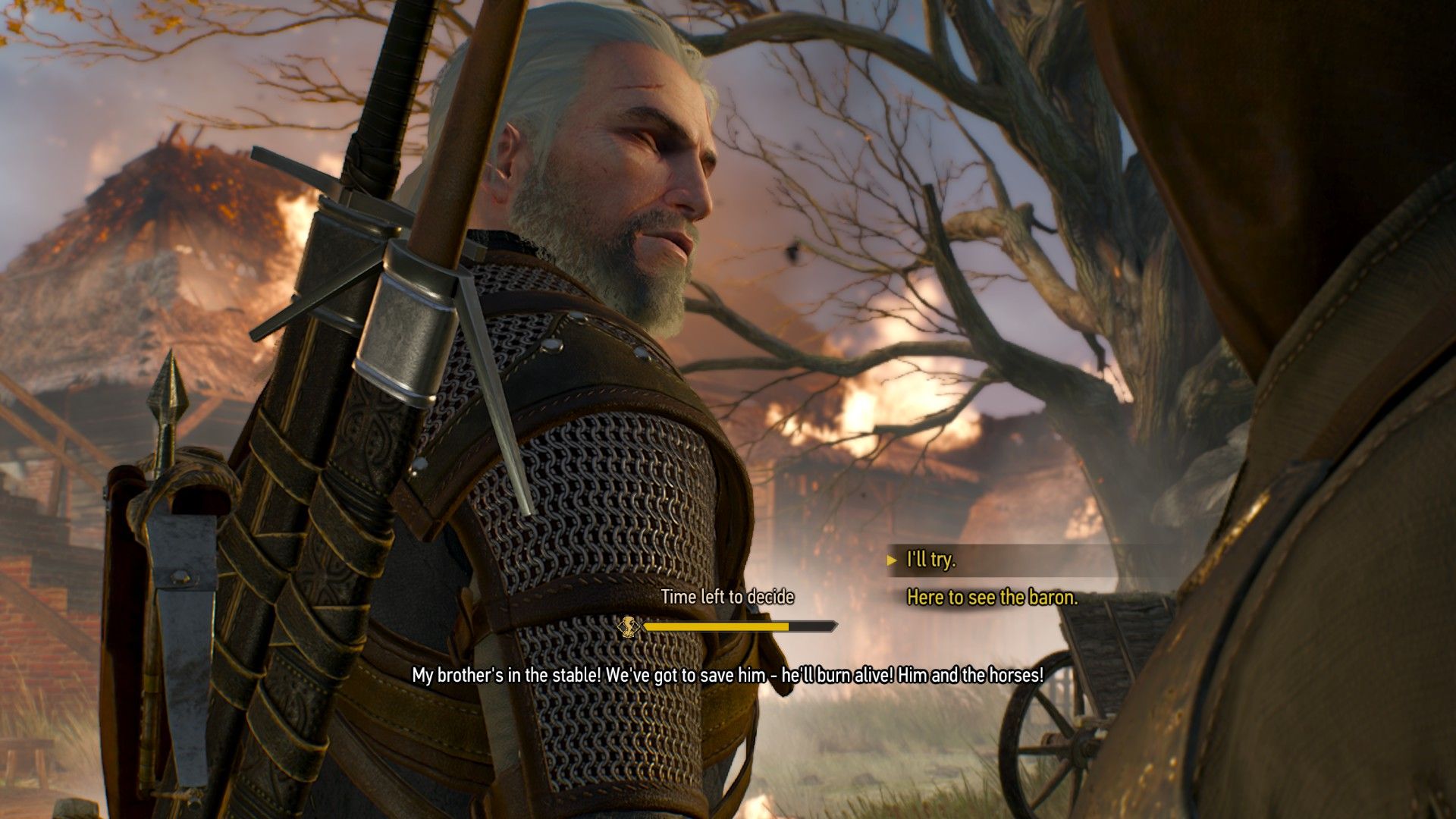 A screenshot of a conversation that lets the player choose between saving a man trapped in a burning stable in the background or ignoring his plight.