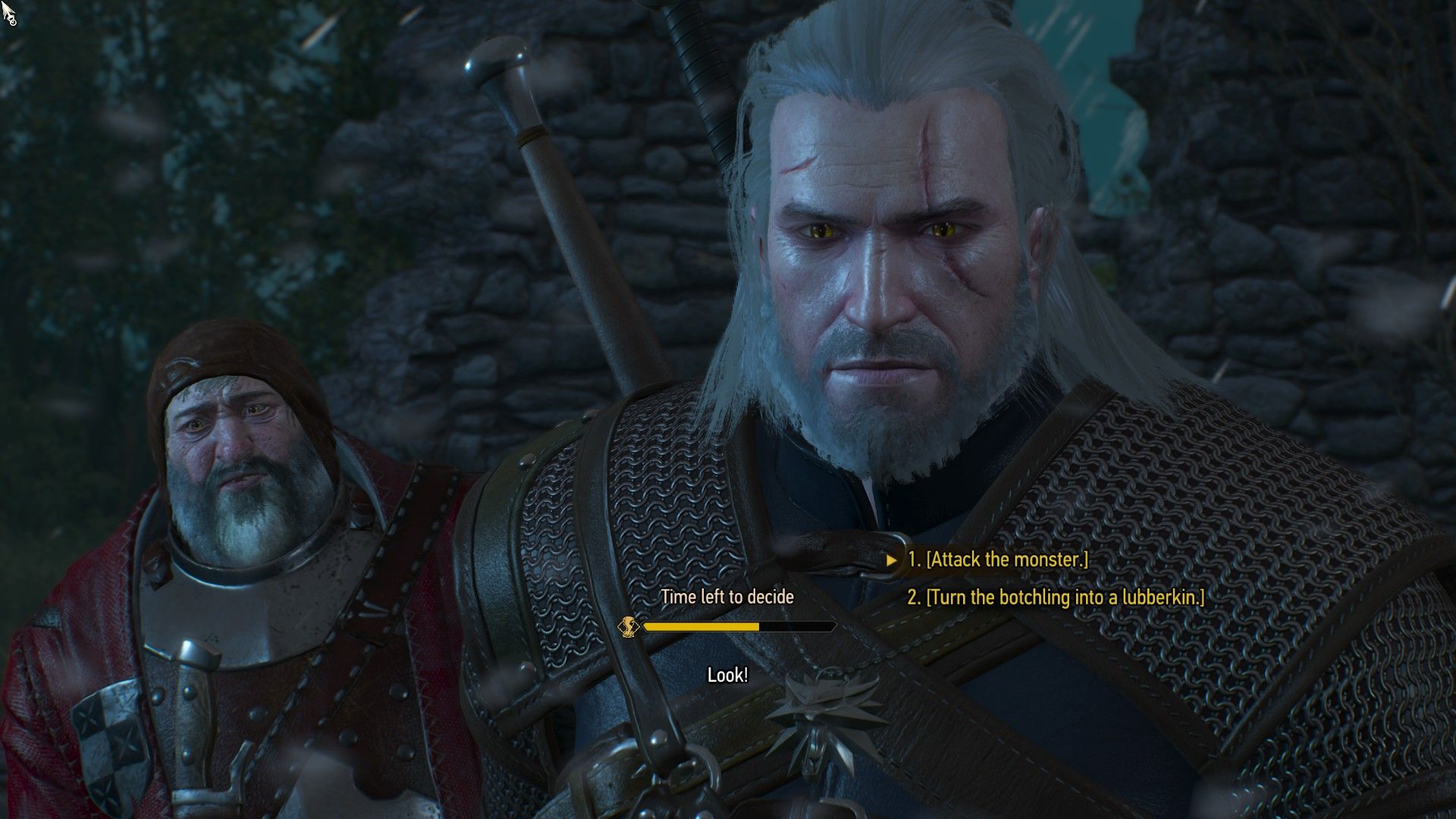 A screenshot of the two options that the player is confronted with during the Witcher 3 quest Family Matters.