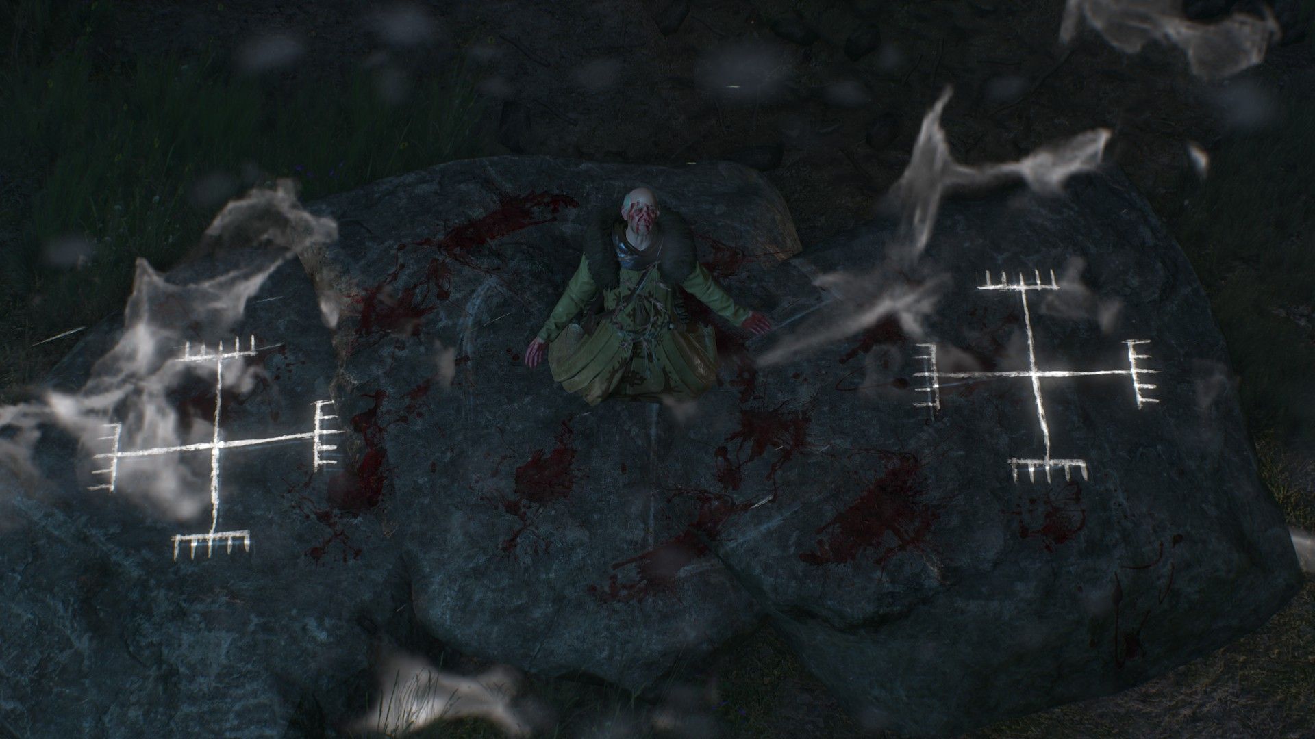 An old man kneels towards the sky as a pair of arcane runes form to his sides while he conducts a ritual.