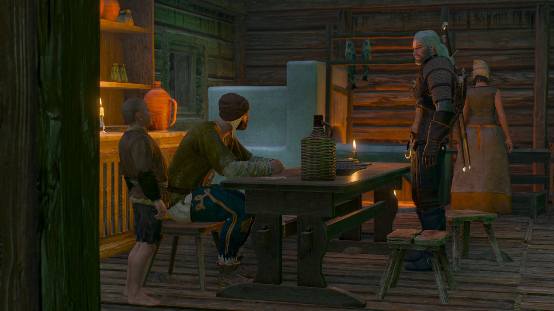 Geralt talks to a man living in a modest shack at night.