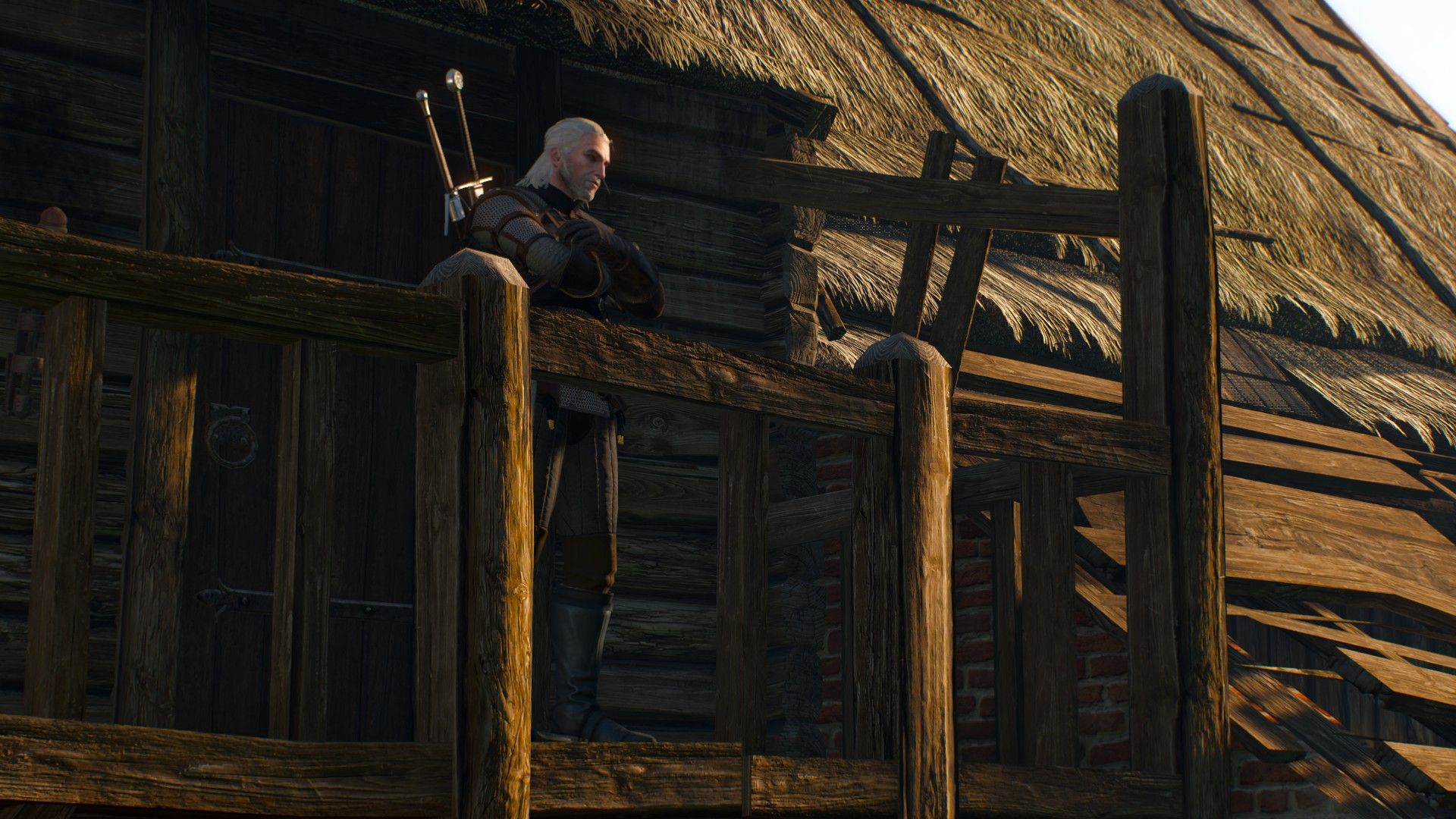 Geralt stands with his arms crossed on a balcony while watching the Bloody Baron ride away, out of shot.