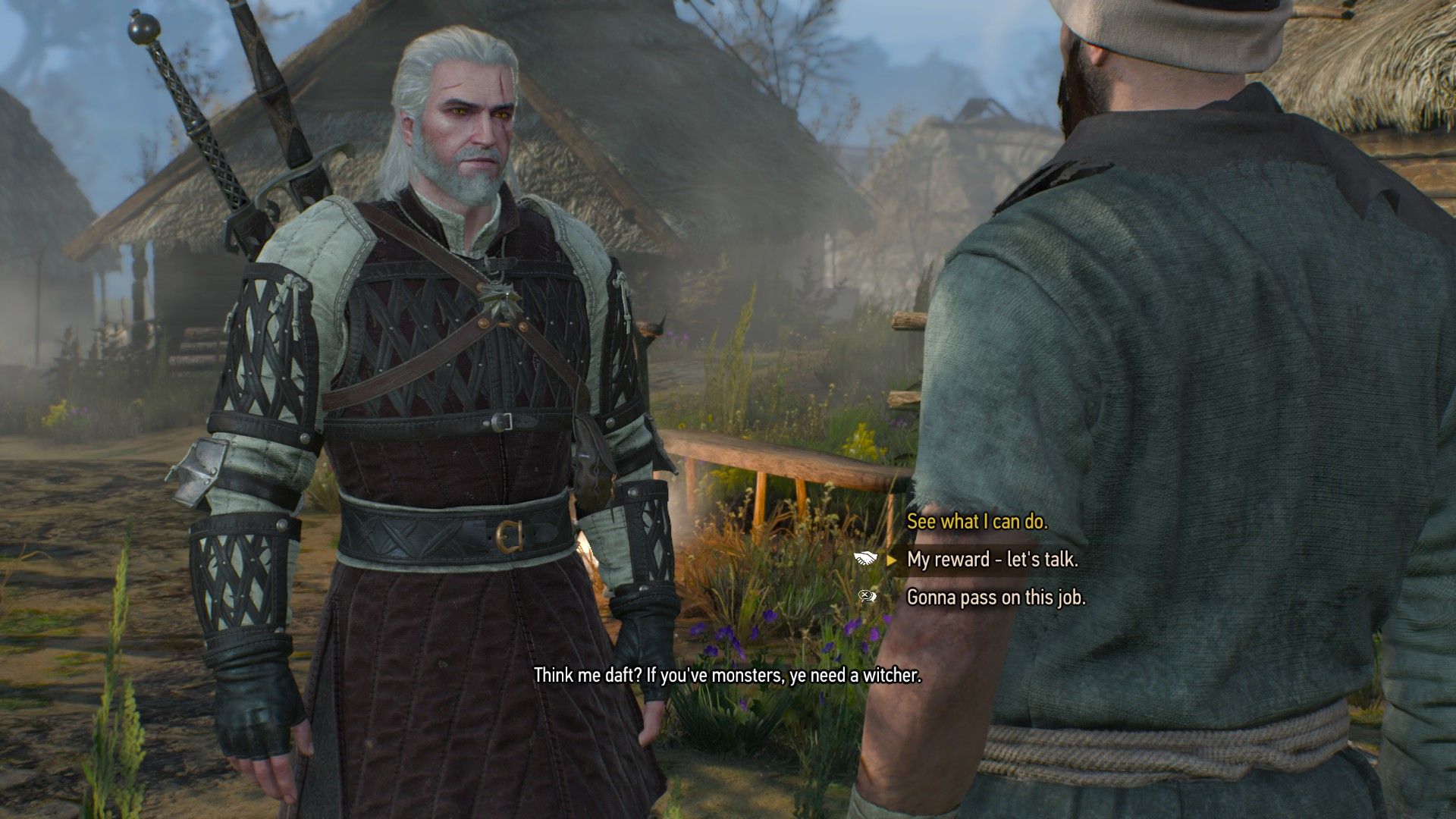 A screenshot of Geralt talking to a villager at his run down home with dialogue options visible.