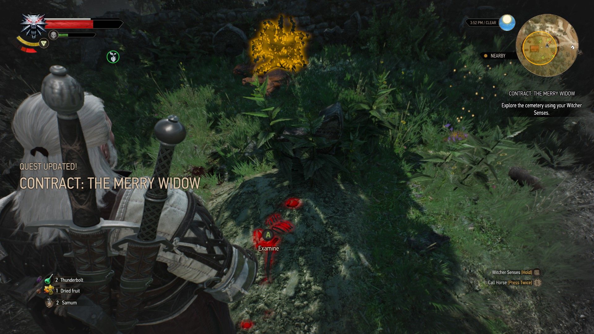 A screenshot of Geralt looking at a half-exposed corpse, outlined with his Witcher Senses.