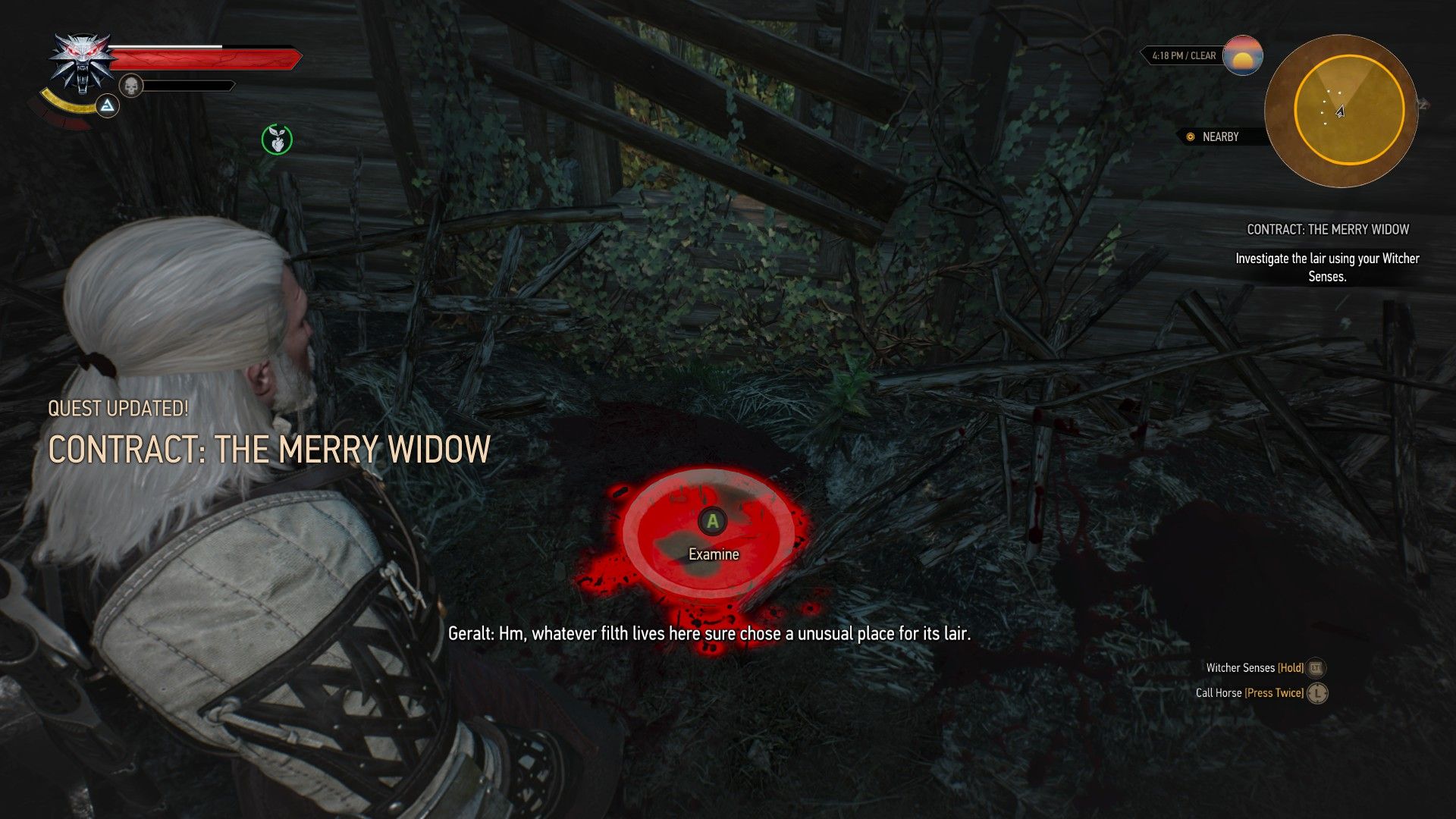 A screenshot of Geralt looking at a nest inside an abandoned hut.