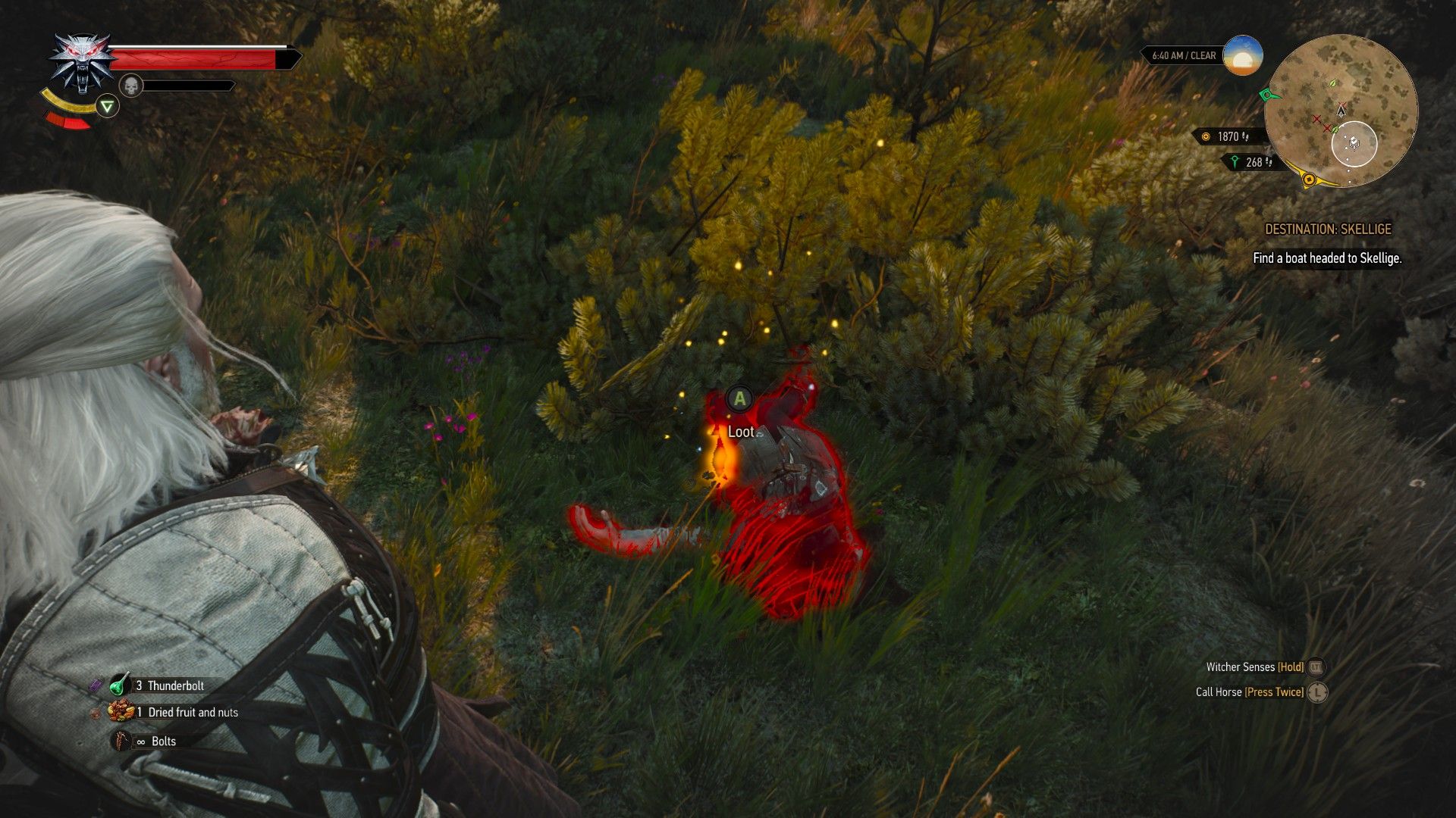A screenshot of Geralt's Witcher Senses highlighting a corpse that has a quest objective.