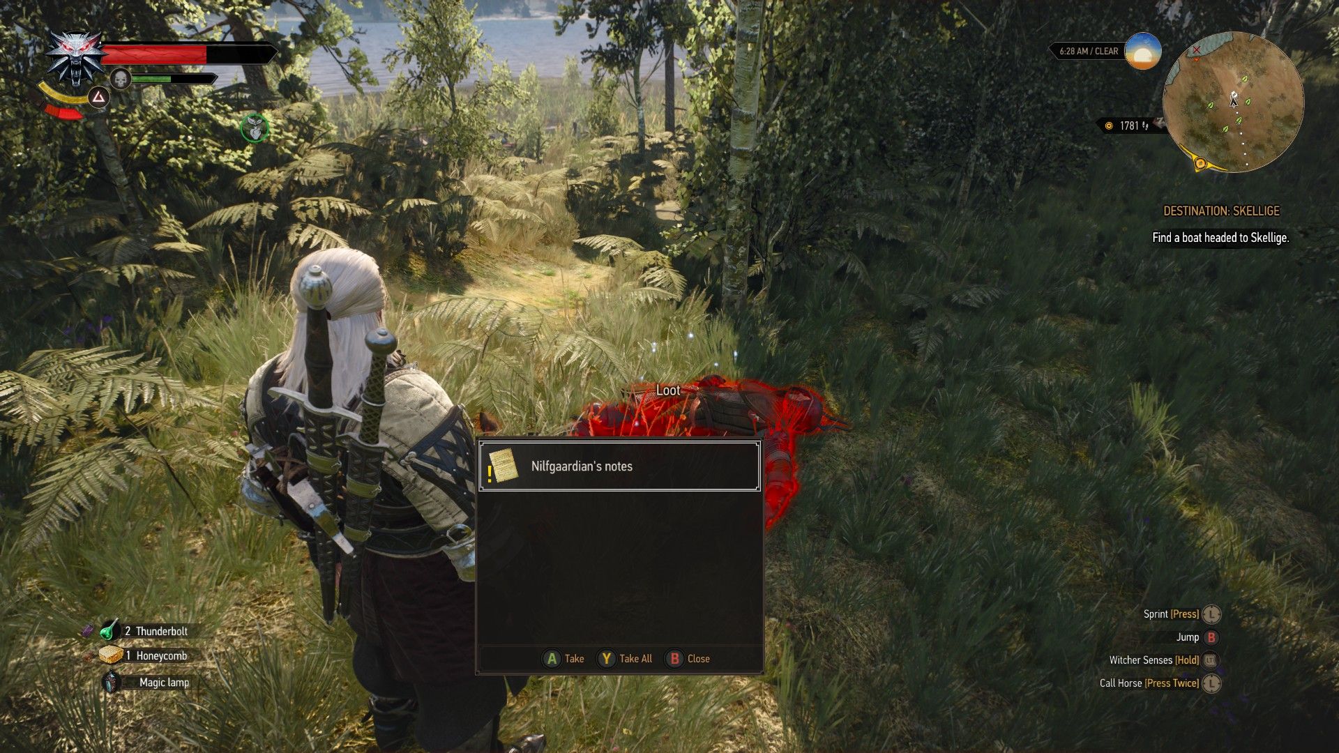 A screenshot of Geralt looting a fallen Nilfgaardian in The Witcher 3.