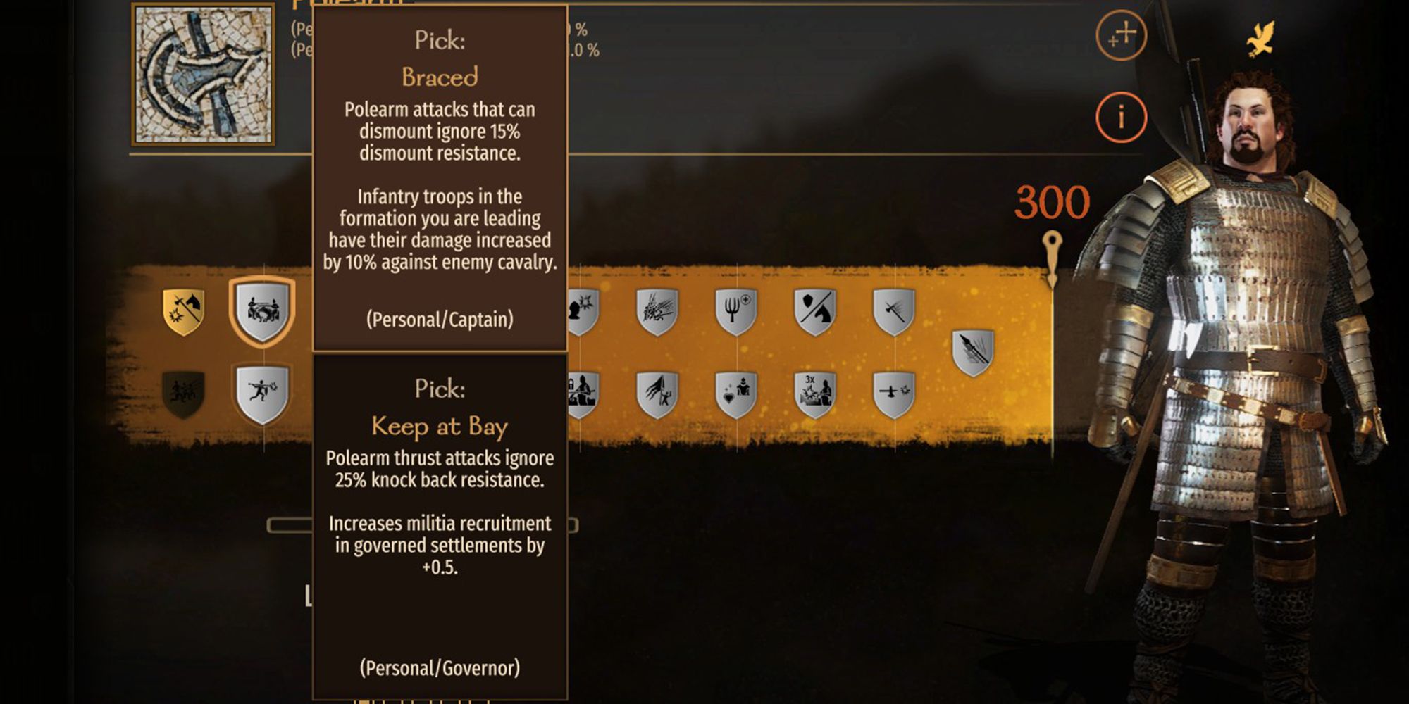 Polearm attacks that can dismount ignore 15% dismount resistance. Infantry troops in the formation you are leading have their damage increased by 10% against enemy cavalry.